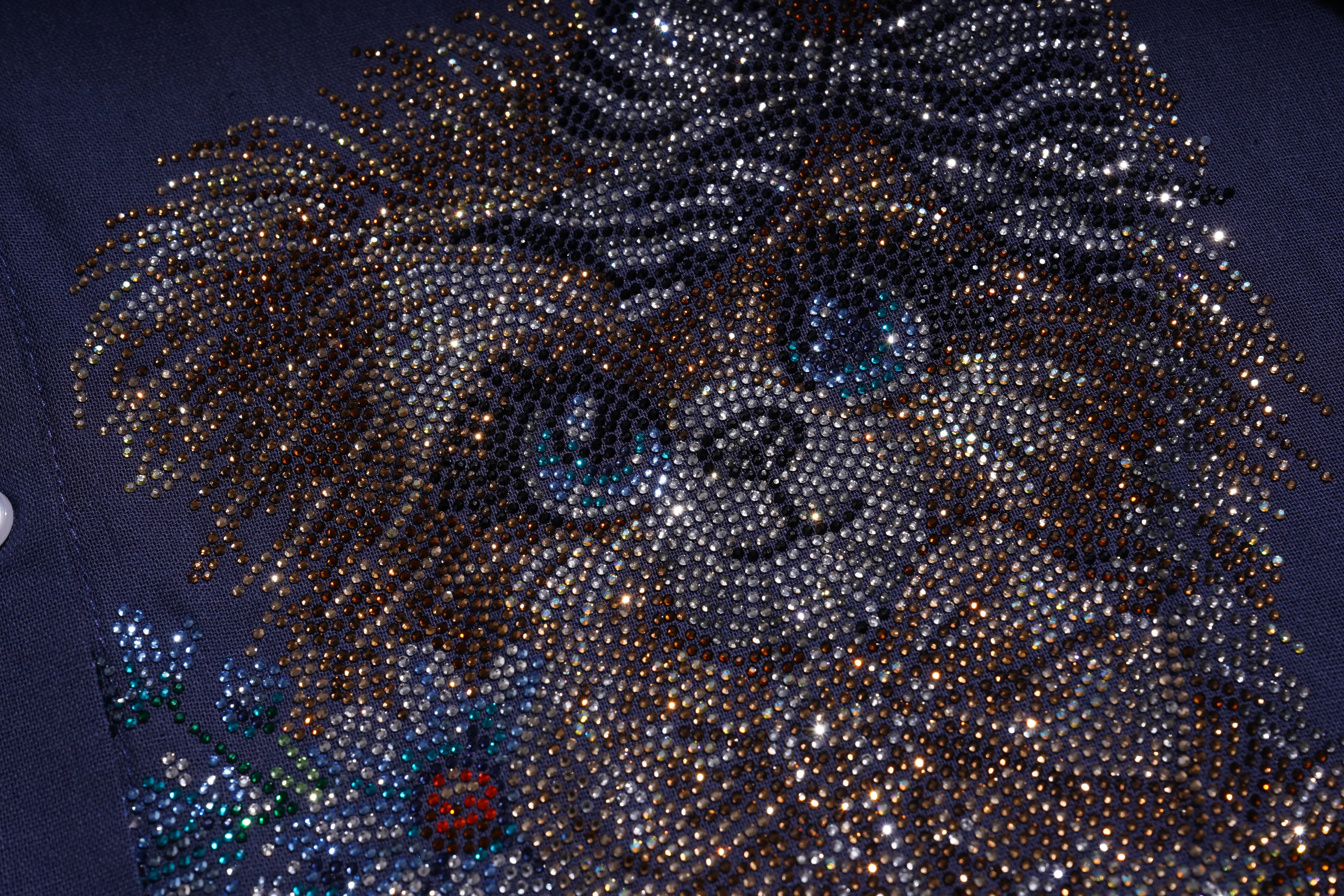 Close-up of a lion's face made from small stones or beads on a dark background, TCH Navy Rhinestone Dog Matching Set