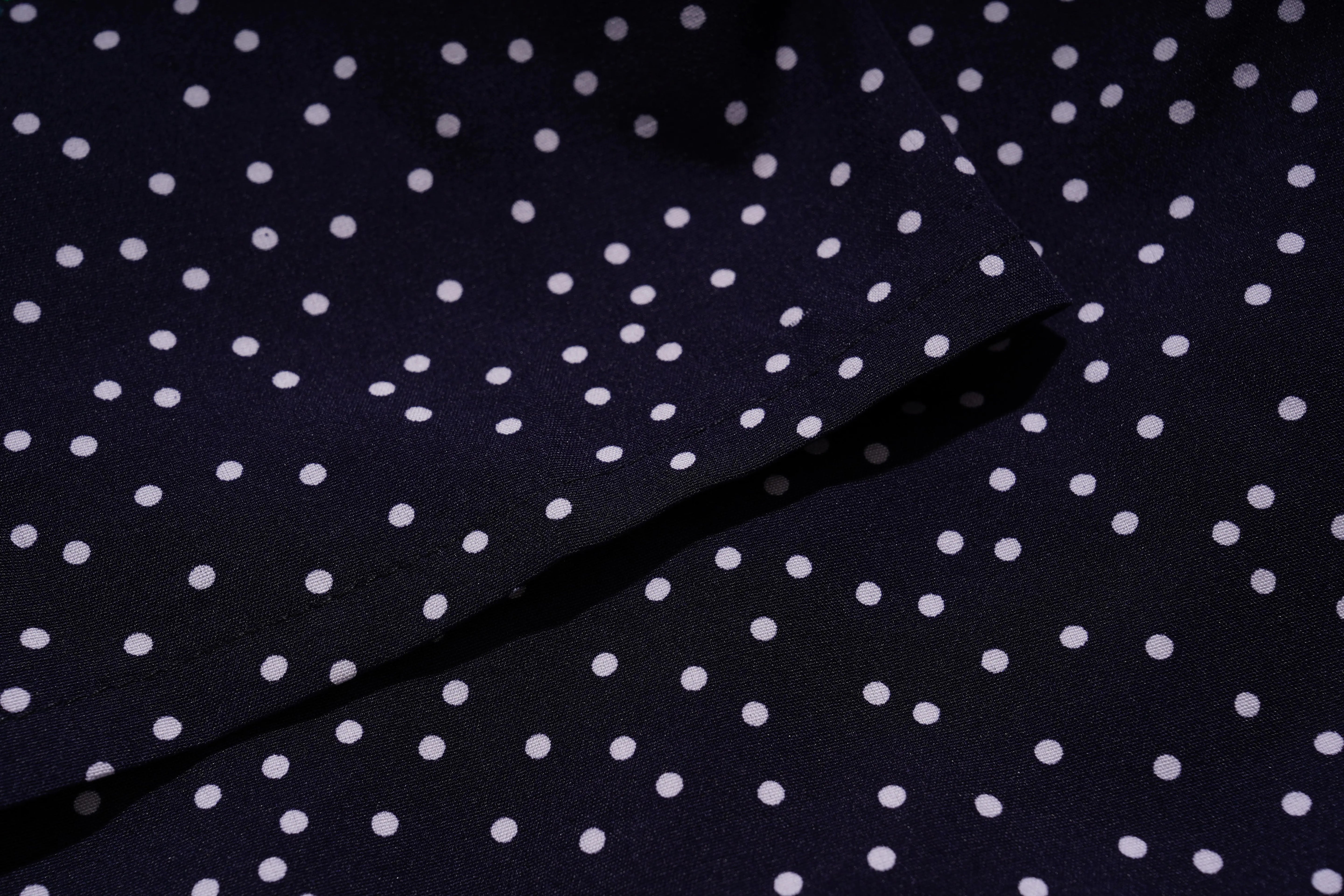 Navy blue fabric with white polka dots, TCH Navy Teddy Bear Bow Rhinestone Dress