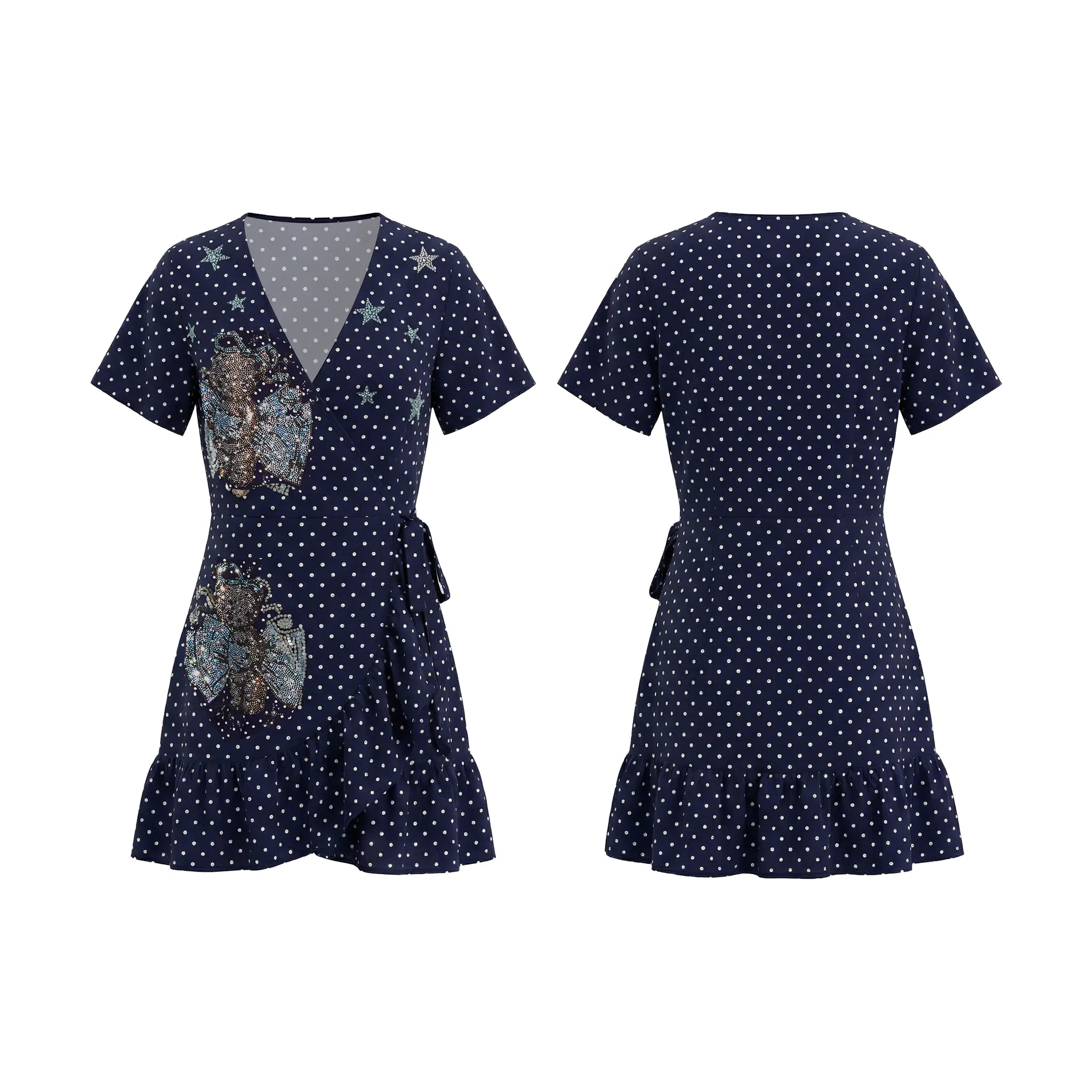 Navy blue dress with white polka dots and floral embellishments on a white background, TCH Navy Teddy Bear Bow Rhinestone Dress