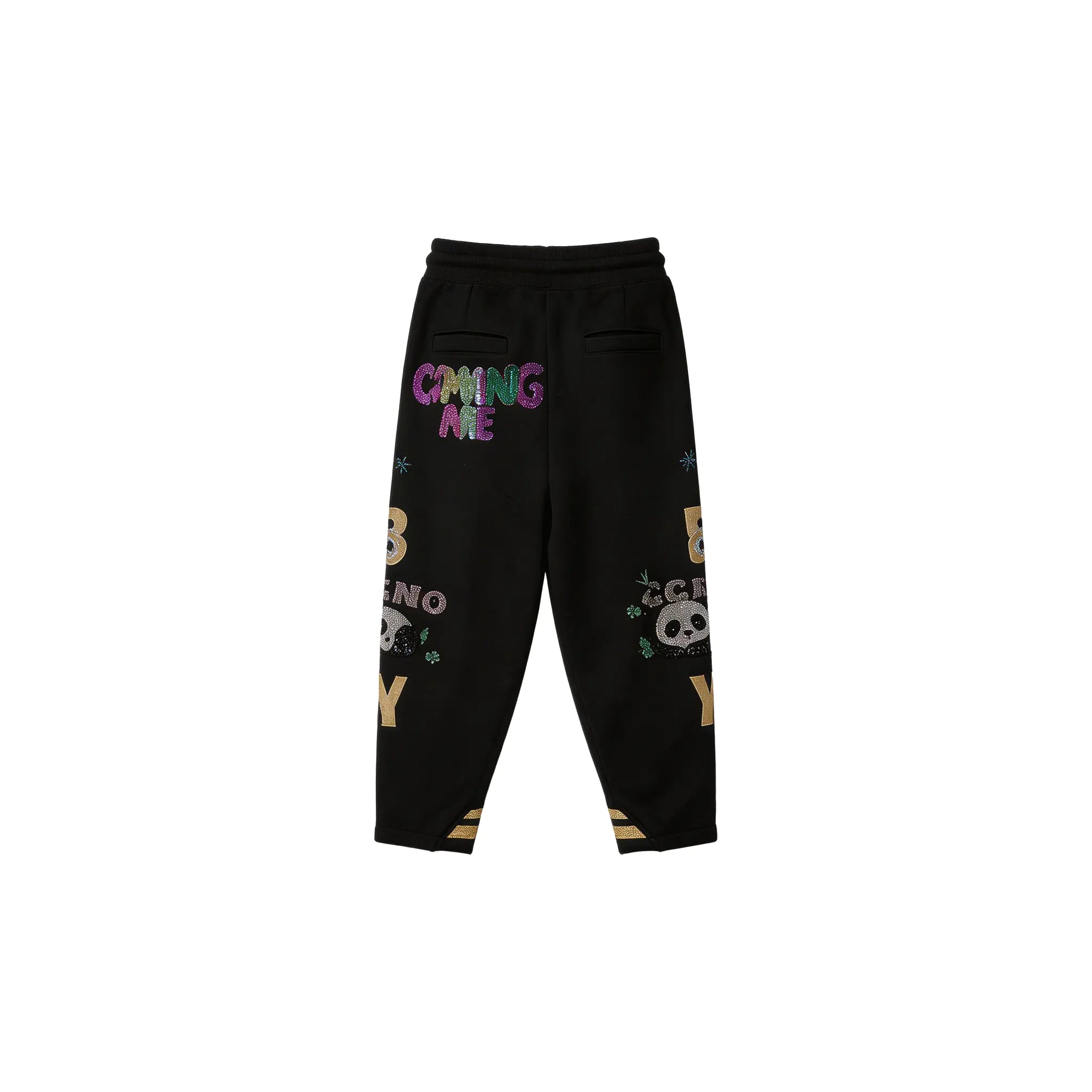 Black sweatpants with colorful text and graphics on a white background, TCH Panda Rhinestone Black Jogger Pants