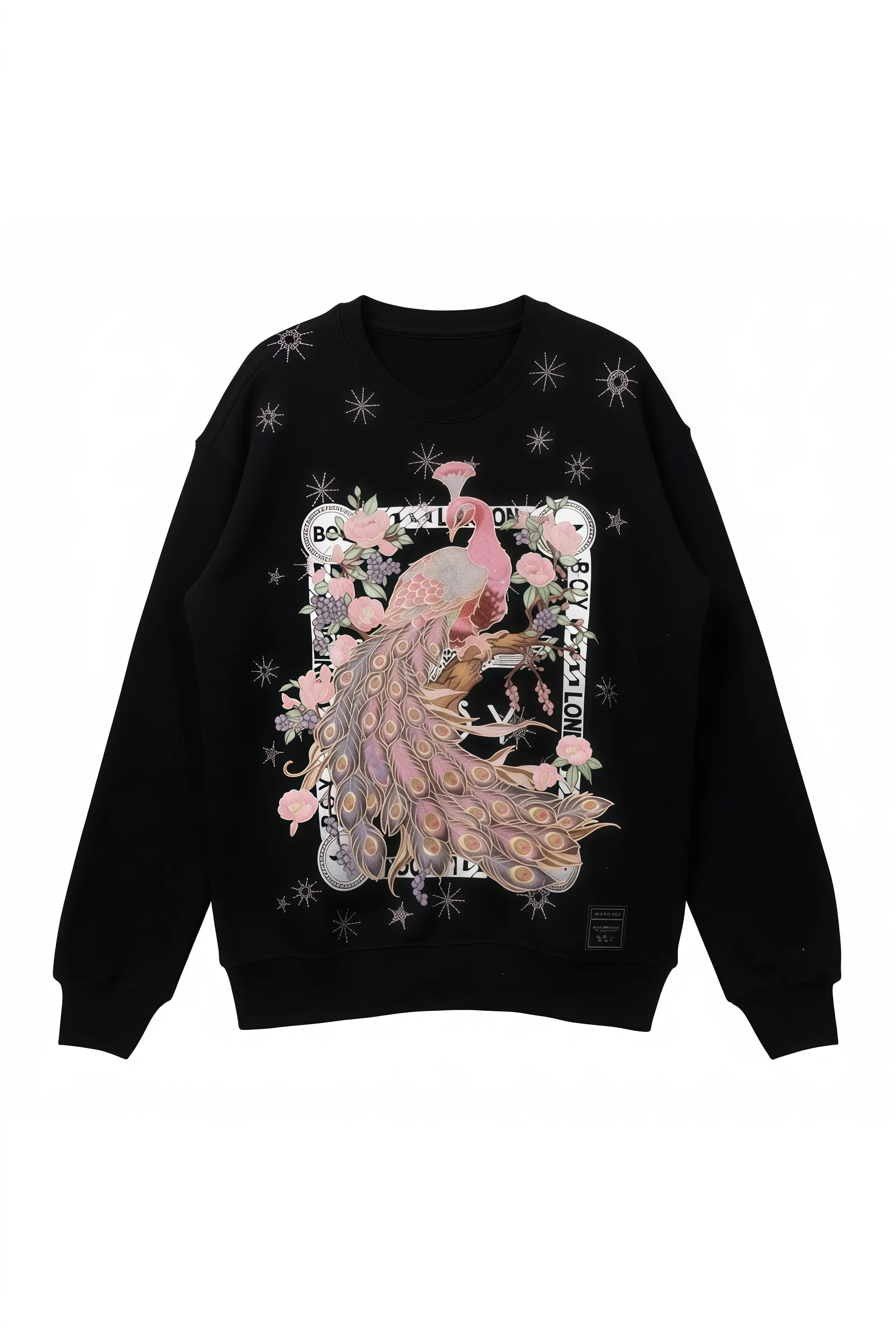Black sweatshirt with a colorful peacock design on a white background， TCH Peacock Embroidered Rhinestone Sweatshirt