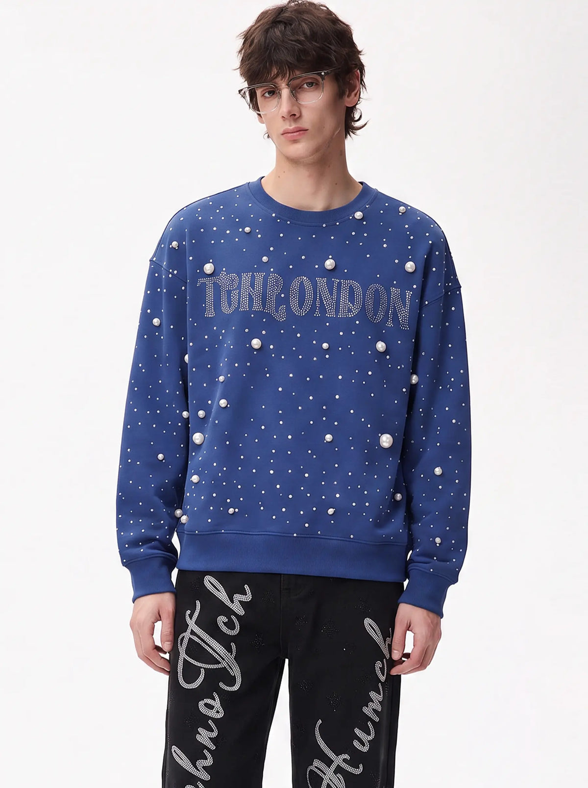 TCH Pearl Embellished Blue Sweatshirt Luxury Streetwear Brand Official Showcase