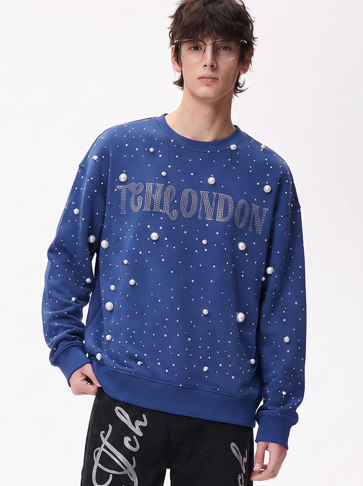 TCH Pearl Embellished Blue Sweatshirt Luxury Streetwear Brand Official Showcase