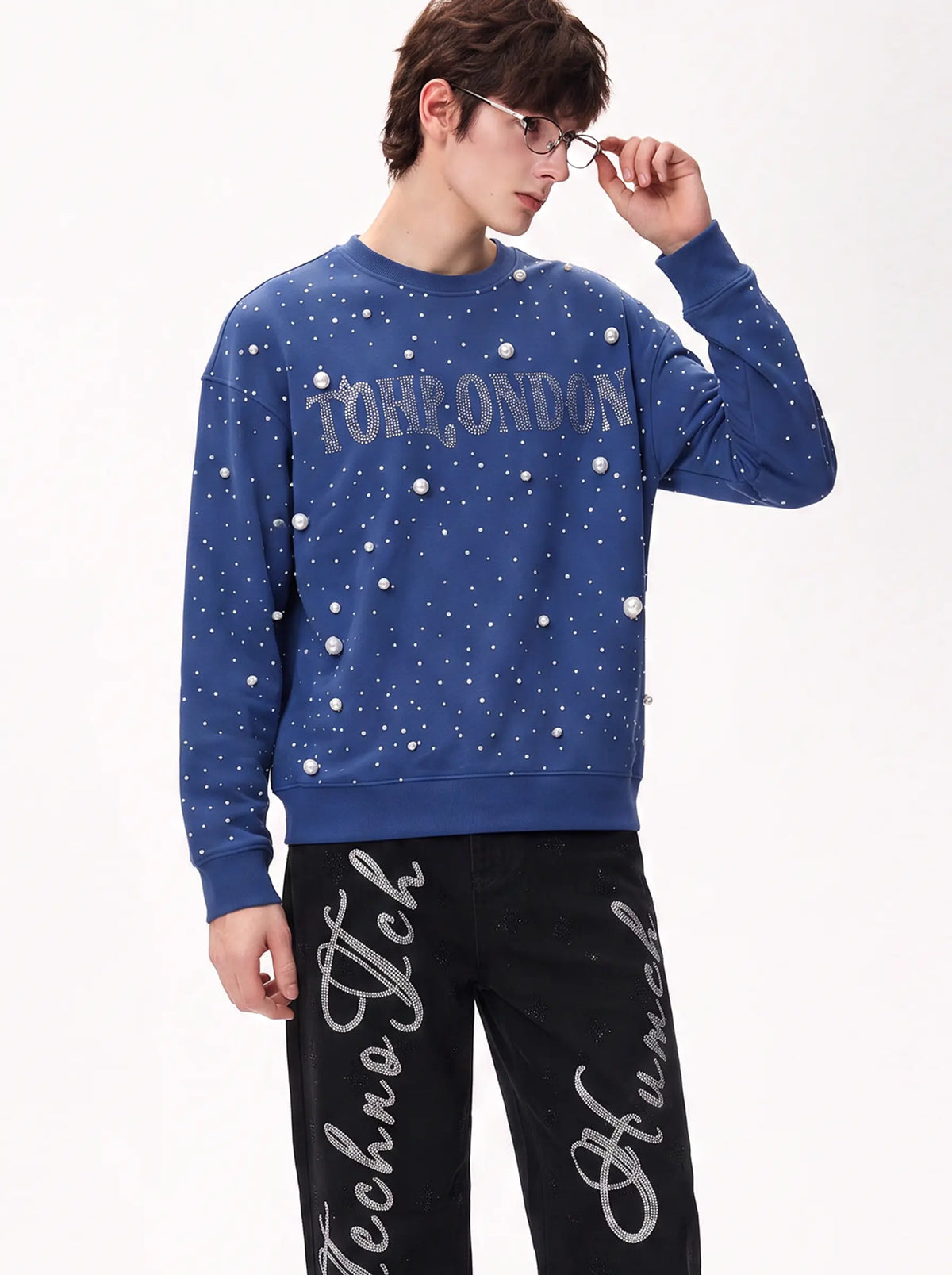 TCH Pearl Embellished Blue Sweatshirt Luxury Streetwear Brand Official Showcase