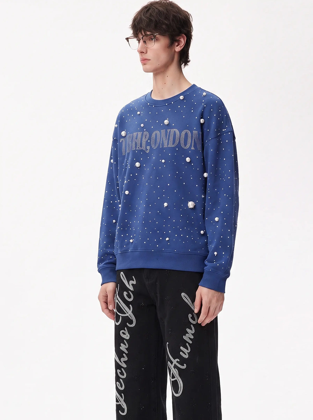 TCH Pearl Embellished Blue Sweatshirt Luxury Streetwear Brand Official Showcase