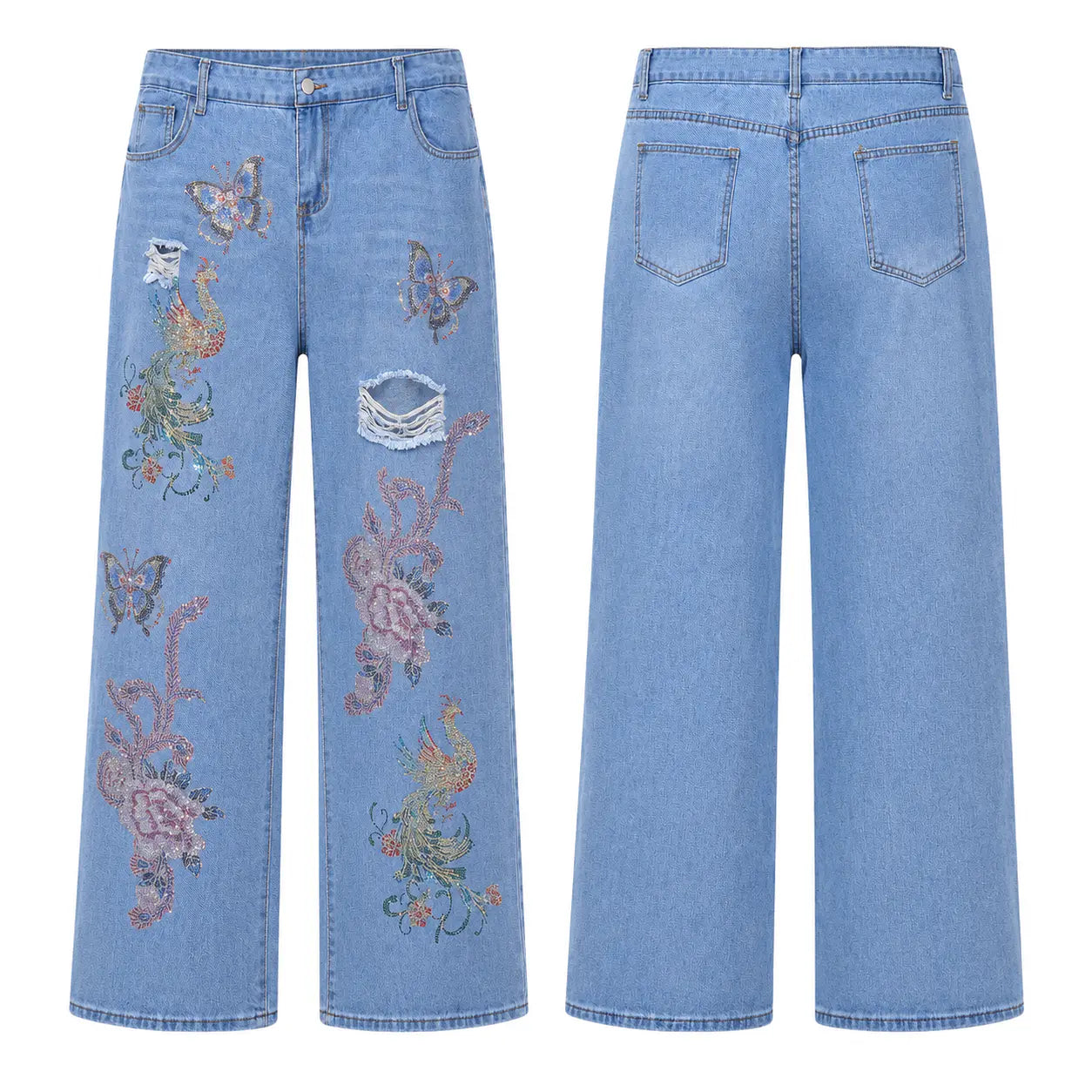 Light blue wide-leg denim jeans shown from the front and back, featuring floral and butterfly embroidery, a distressed knee patch, and a ripped thigh detail. TCH Phoenix & Butterfly Rhinestone Wide Leg Jeans