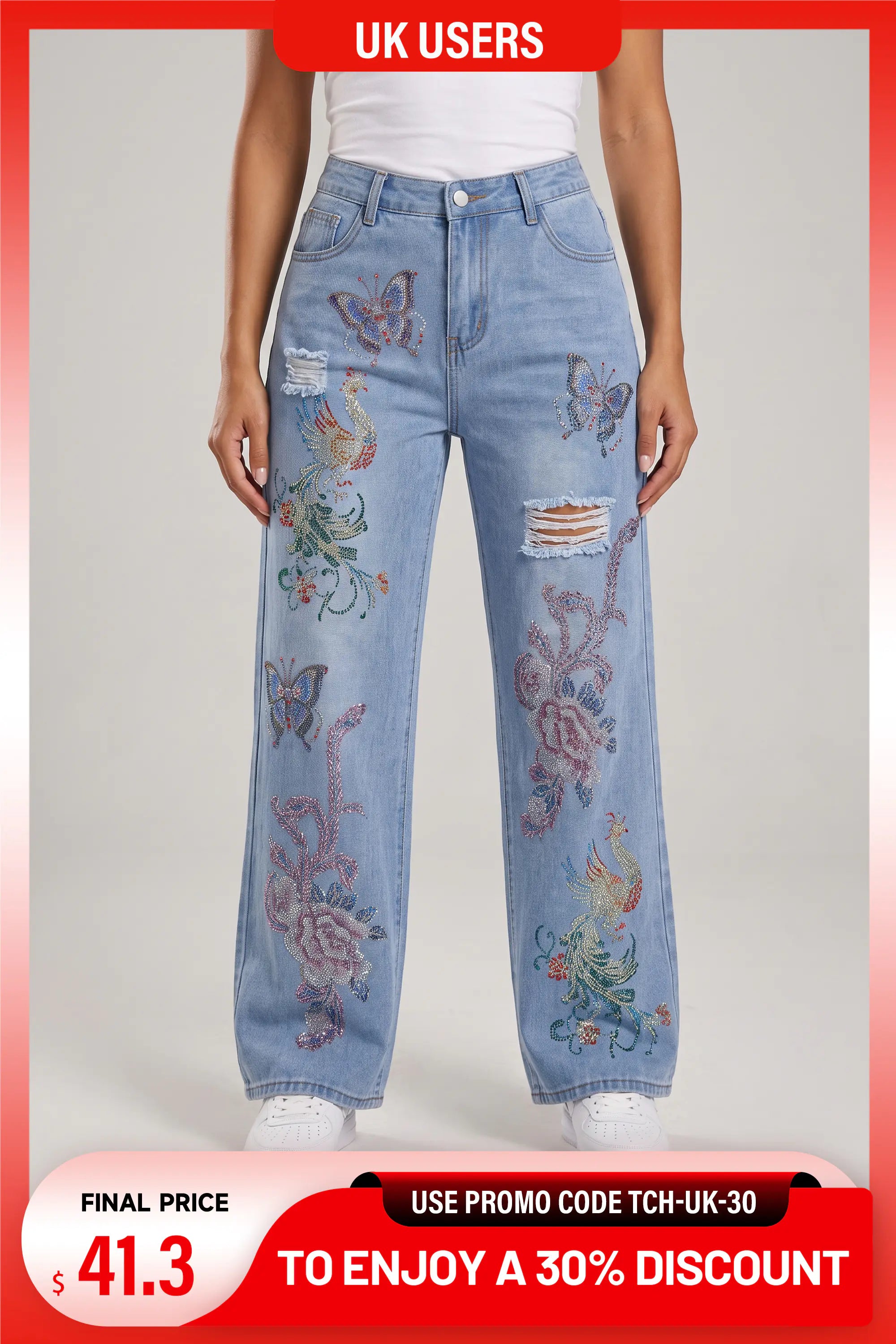A model wearing light blue high-waisted wide-leg jeans with colorful butterfly and floral embroidery, distressed rips, and a white top, shown against a light gray background with promotional text banners. TCH Phoenix & Butterfly Rhinestone Wide Leg Jeans
