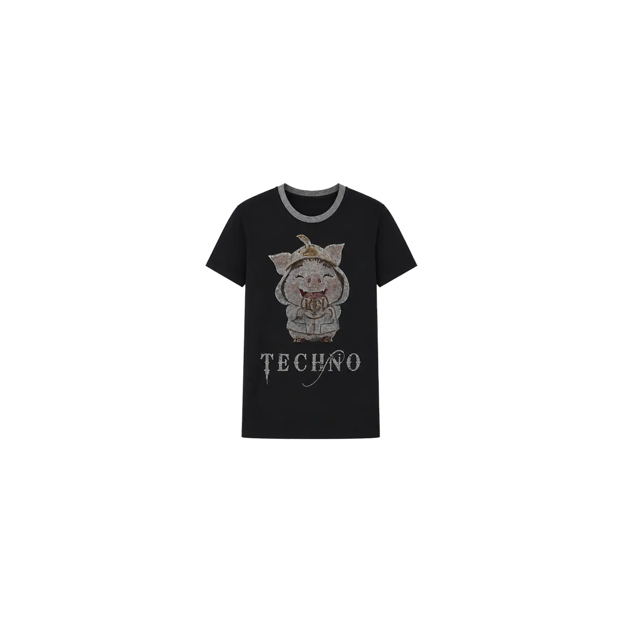 Black t-shirt with a graphic design and 'TECHNO' text on a white background, TCH Piggy Techno Rhinestone T-Shirt