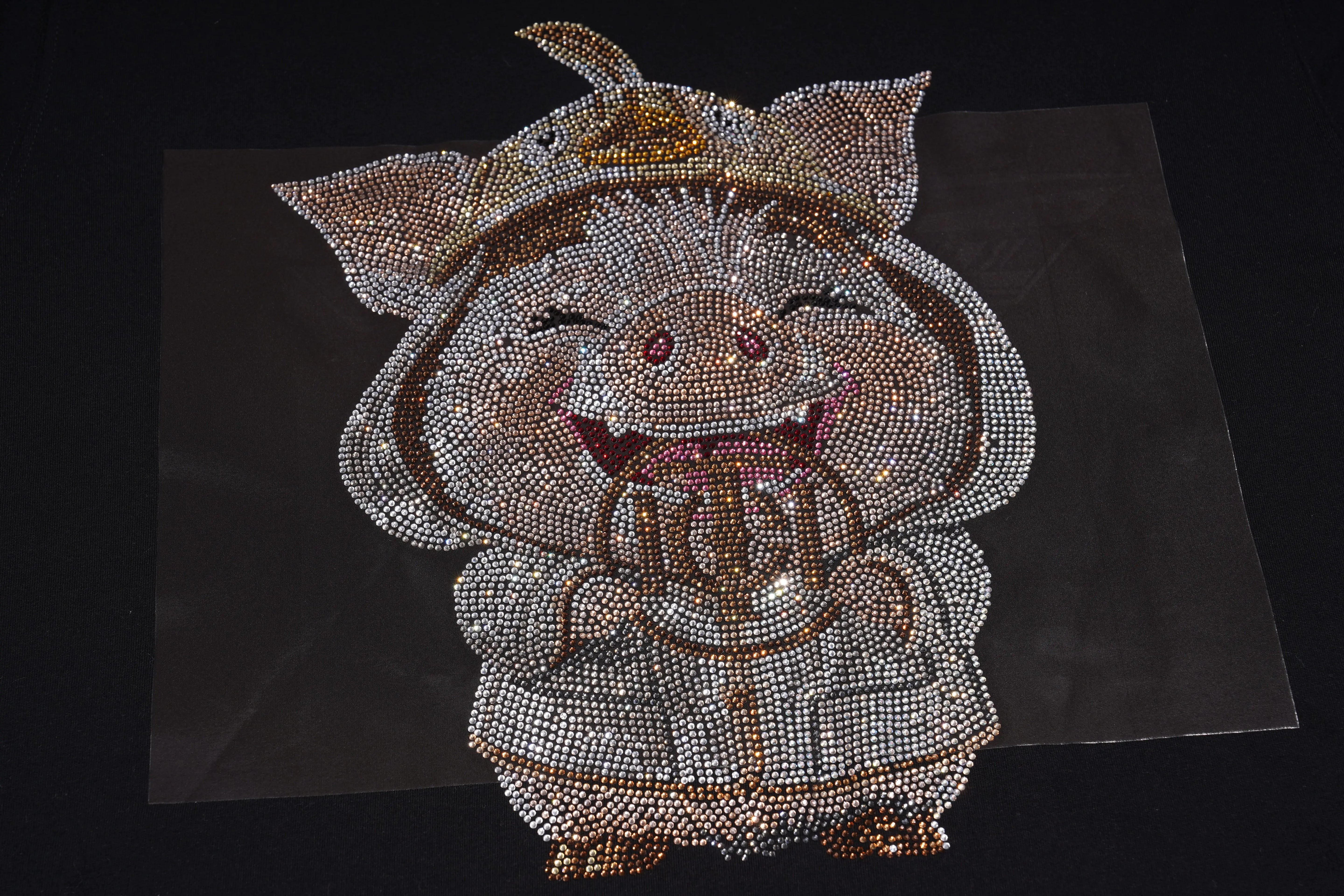 Decorative patch with a cartoon character made of rhinestones on a black background, TCH Piggy Techno Rhinestone T-Shirt