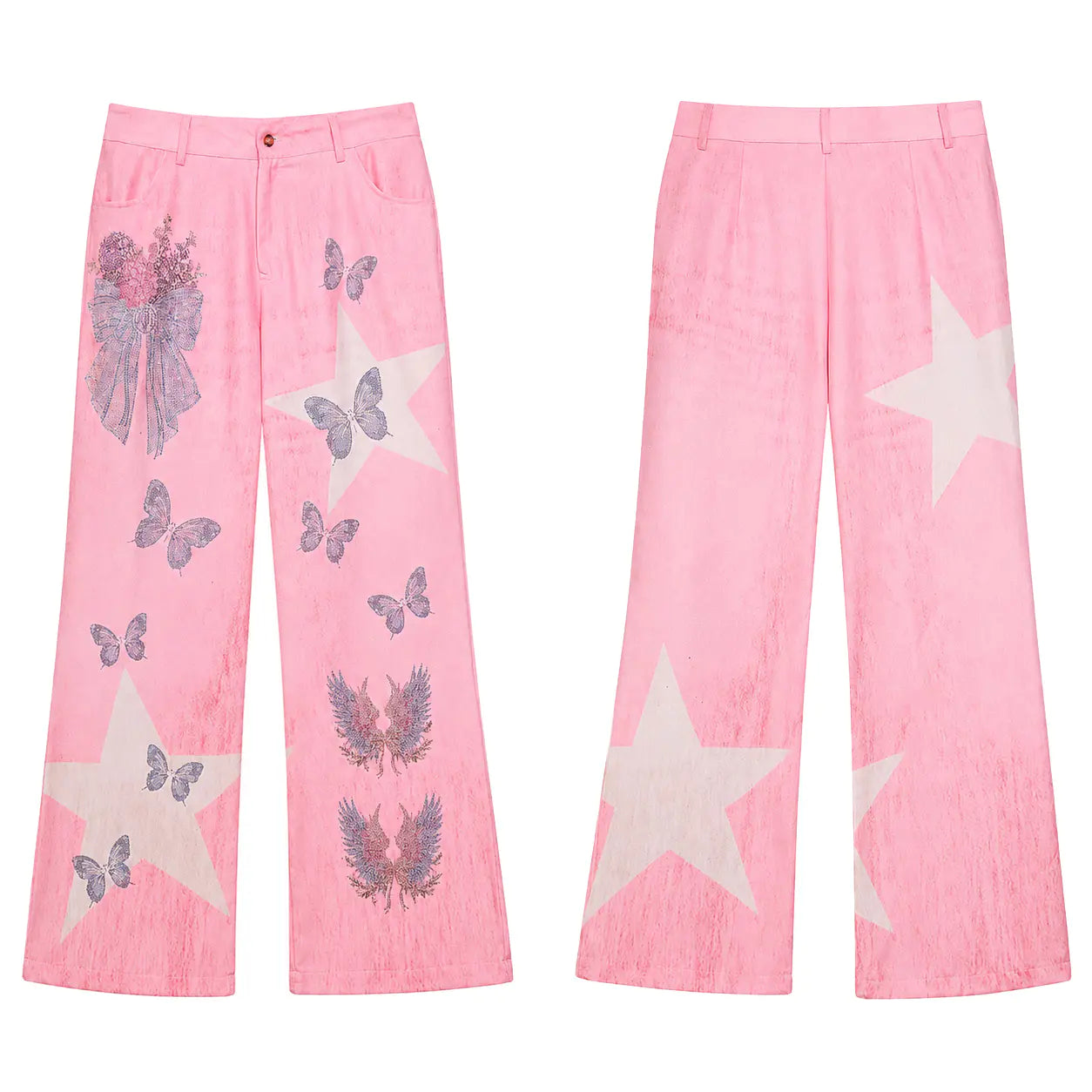 A pair of pink wide-leg pants shown from both sides. The left side features large off-white star patches, purple butterflies, and a purple floral bouquet print. TCH Pink Butterfly Rhinestone Star Wide Leg Jeans