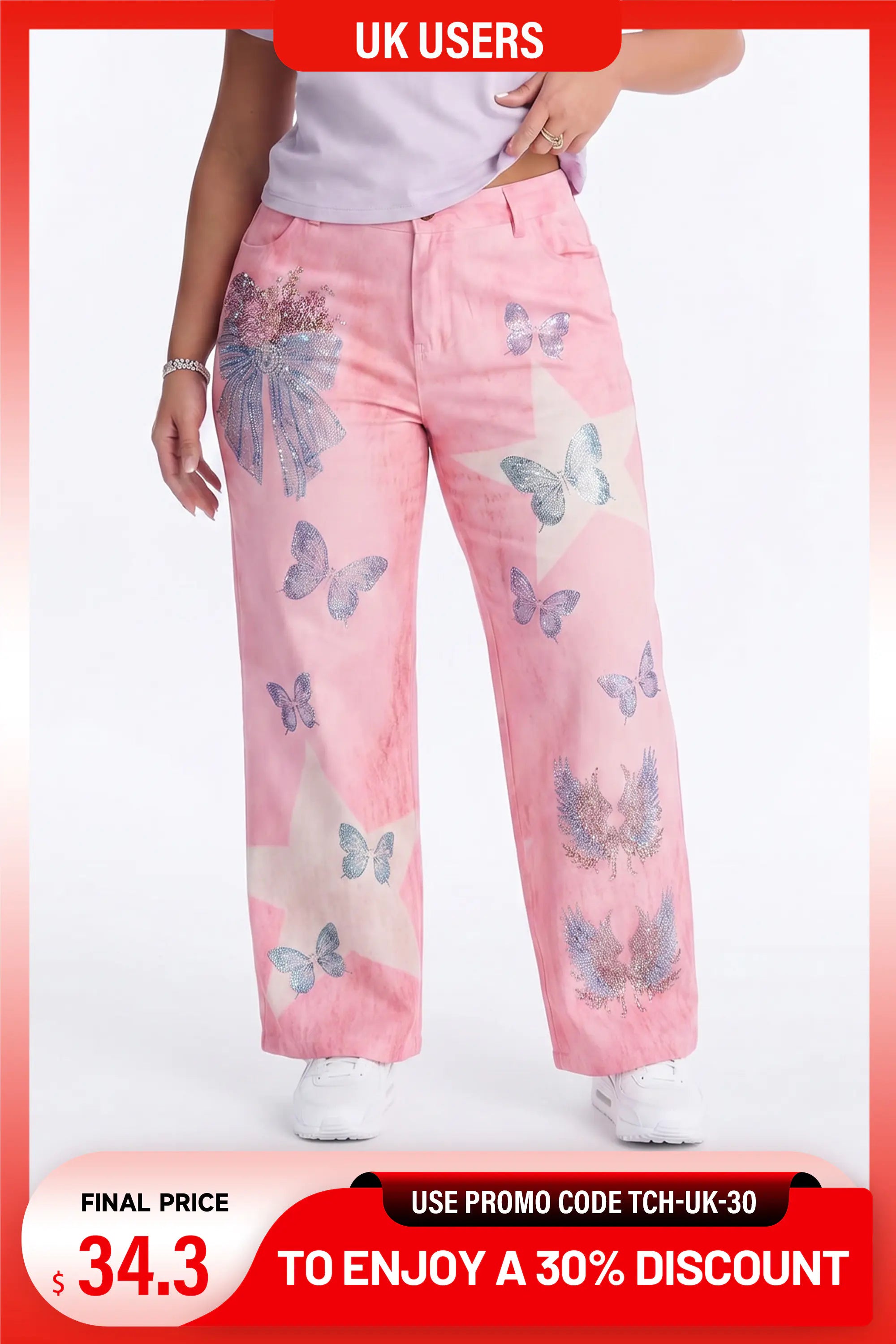 A lightweight scarf with a rust orange and cream abstract pattern, presented on a white background with promotional text banners at the top and bottom. TCH Pink Butterfly Rhinestone Star Wide Leg Jeans