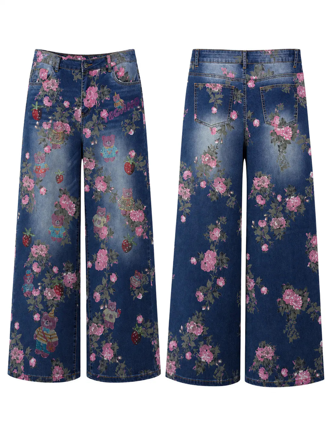 A pair of wide-leg denim pants shown from both the front and back views. The dark blue wash features an all-over floral print with pink roses, green leaves, and small colorful embroidered details. TCH Pink Floral Teddy Bear Graphic Wide-Leg Jeans