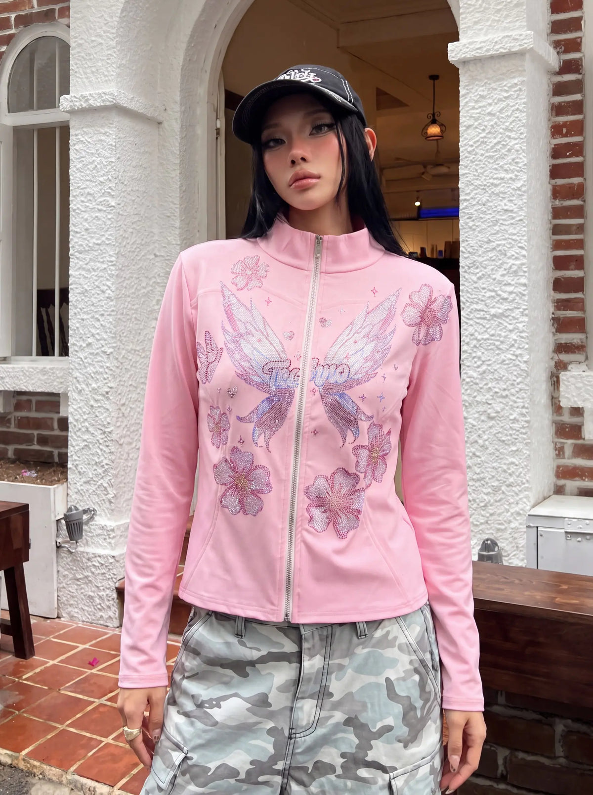 TCH Pink Rhinestone Angel Wings Floral Zip-Up Jacket Luxury Streetwear Brand Official Showcase