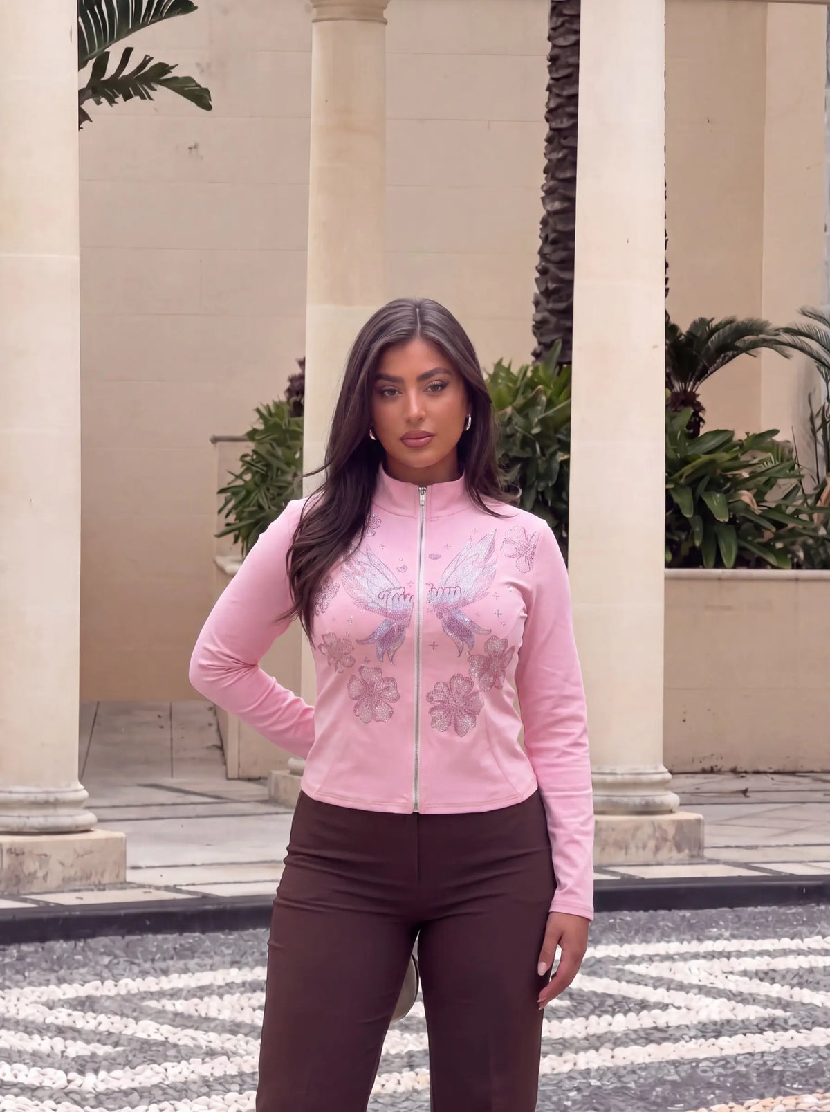 TCH Pink Rhinestone Angel Wings Floral Zip-Up Jacket Luxury Streetwear Brand Official Showcase