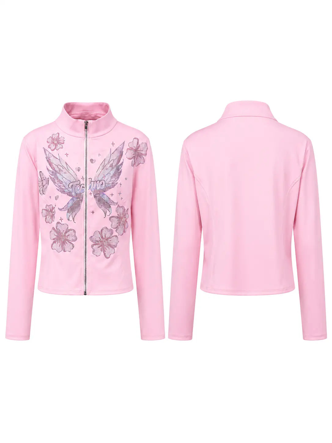 TCH Pink Rhinestone Angel Wings Floral Zip-Up Jacket Luxury Streetwear Brand Official Showcase