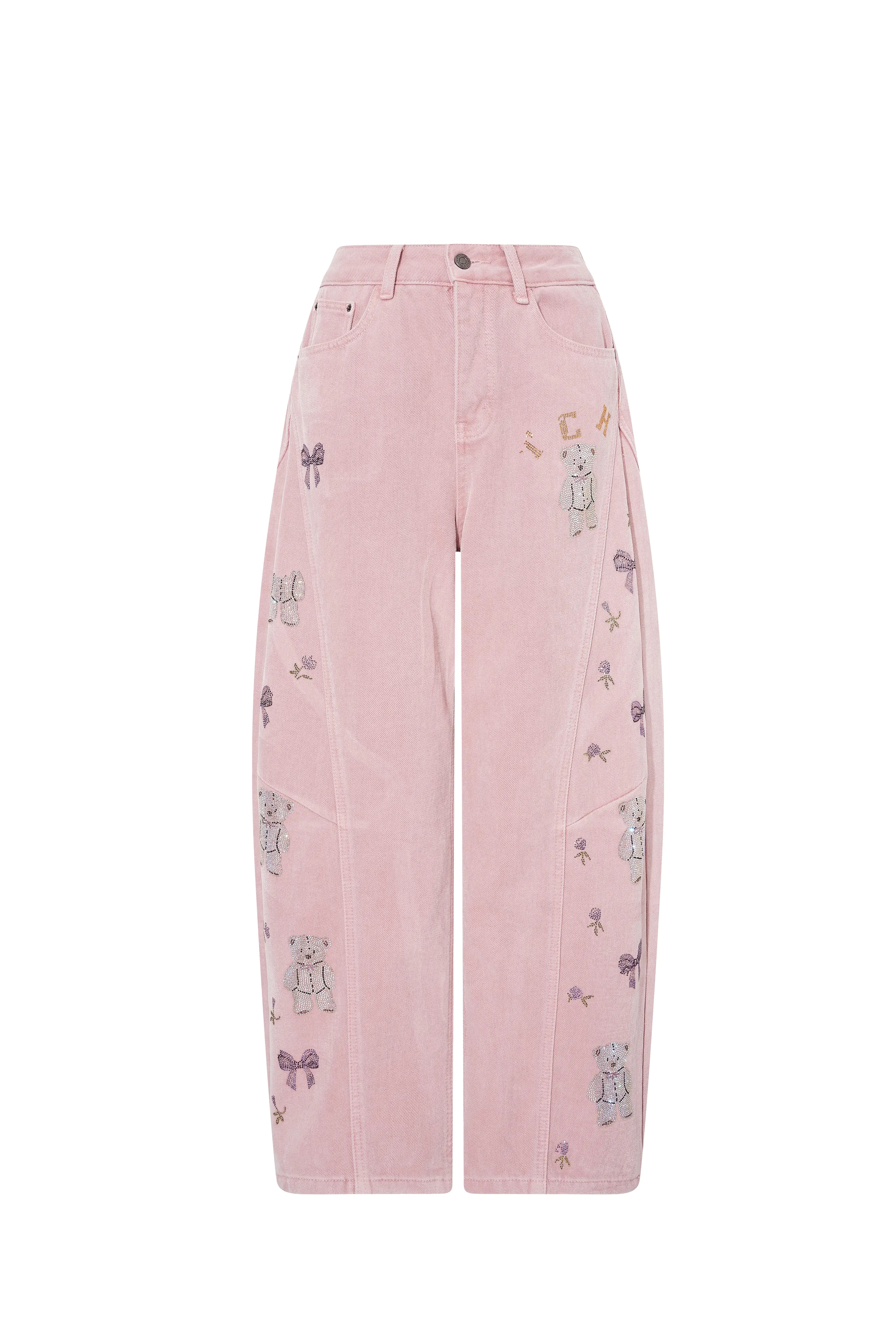Pink pants with embroidered designs on a white background, TCH Pink Rhinestone Bear & Floral Wide-Leg Pants