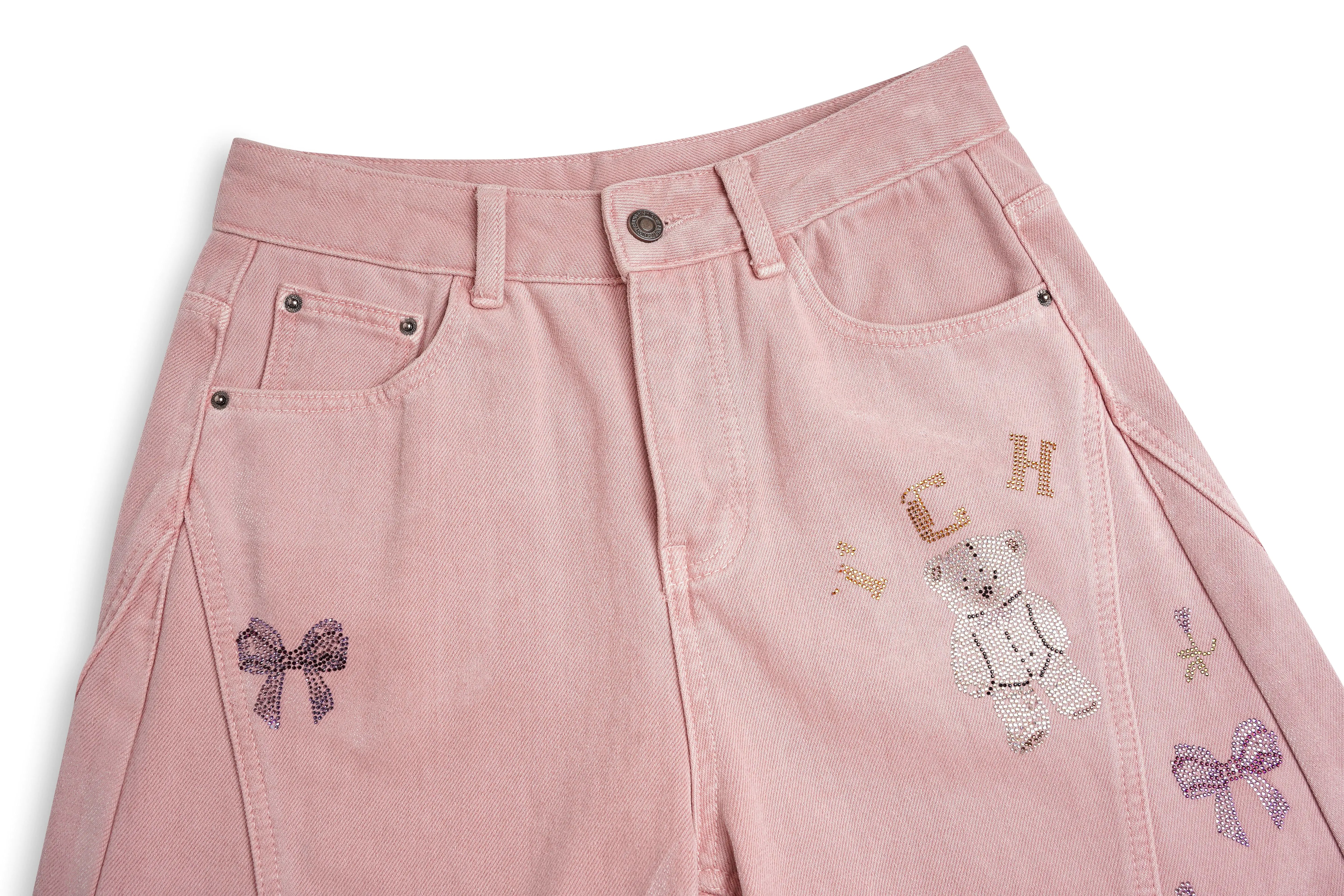 Pink pants with embroidered designs on a white background, TCH Pink Rhinestone Bear & Floral Wide-Leg Pants