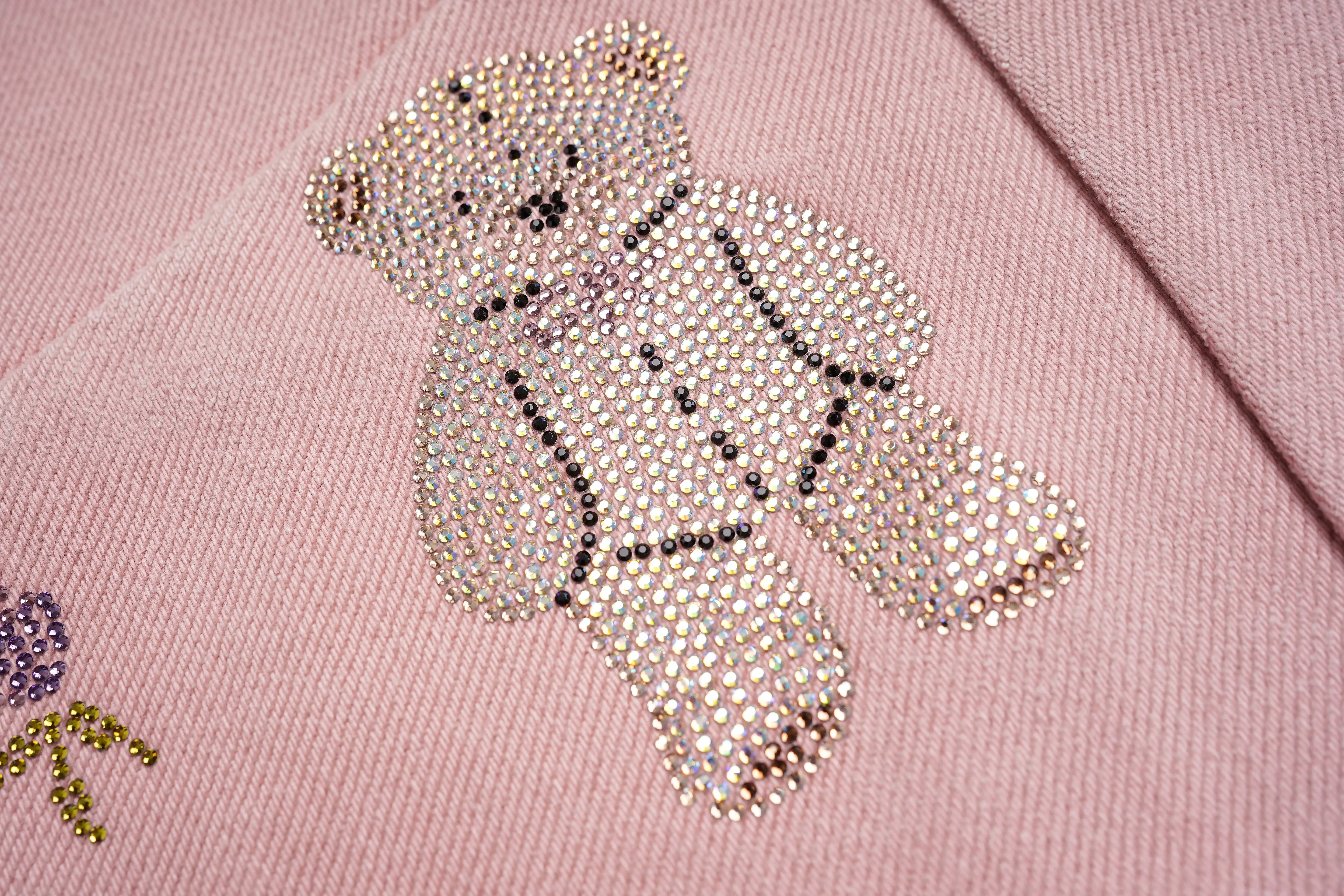 Sparkly teddy bear design on a pink fabric background, TCH Pink Rhinestone Bear & Floral Wide-Leg Pants