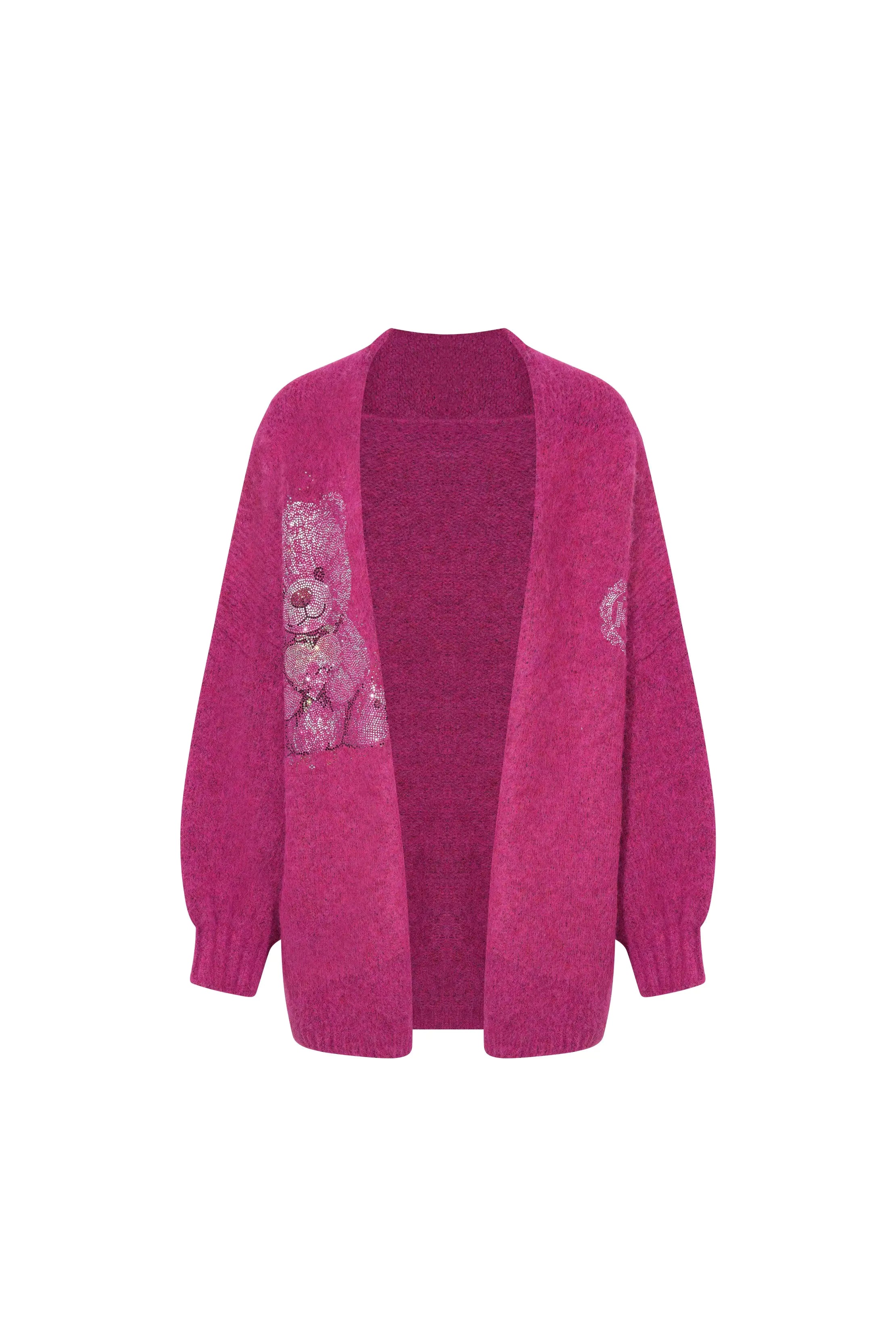 Pink cardigan with floral pattern on a white background, TCH Pink Rhinestone Bear Knit Cardigan