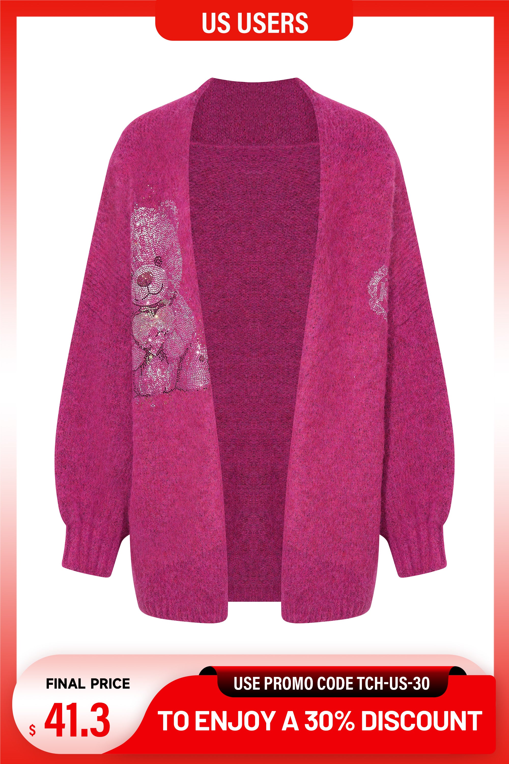 Black lace top with a decorative animal patch on a white background, TCH Pink Rhinestone Bear Knit Cardigan