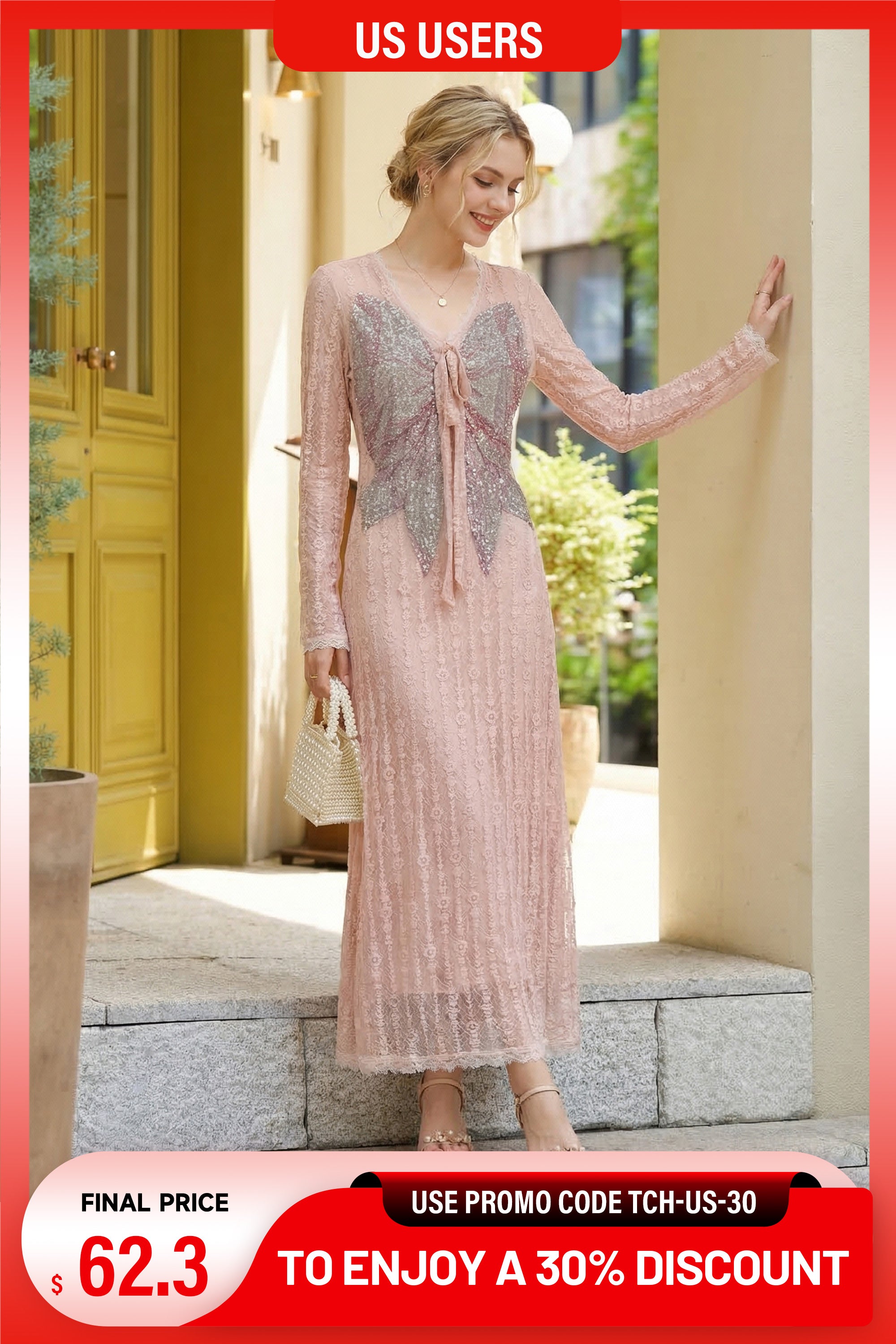 Woman in a long, light-colored dress standing outside a building with promotional text overlay. TCH Pink Rhinestone Bow Lace Layered Dress