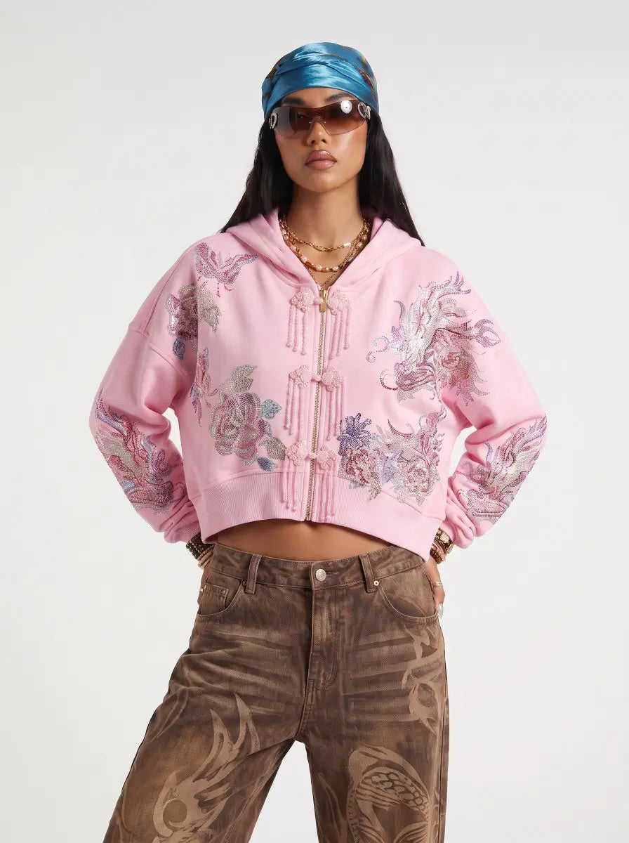 TCH Pink Rhinestone Floral Chinese Knot Cropped Hoodie pink rhinestone hoodie floral cropped hoodie women's pink zip up hoodie crystal embellished hoodie rhinestone streetwear cropped pink sweatshirt Chinese knot hoodie floral graphic hoodie statement streetwear hoodie TCH rhinestone clothing