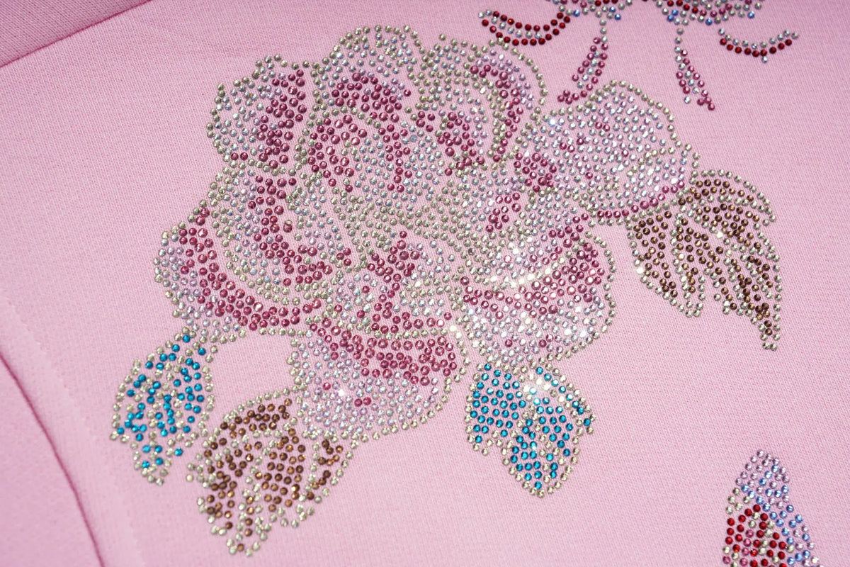 TCH Pink Rhinestone Floral Chinese Knot Cropped Hoodie pink rhinestone hoodie floral cropped hoodie women's pink zip up hoodie crystal embellished hoodie rhinestone streetwear cropped pink sweatshirt Chinese knot hoodie floral graphic hoodie statement streetwear hoodie TCH rhinestone clothing