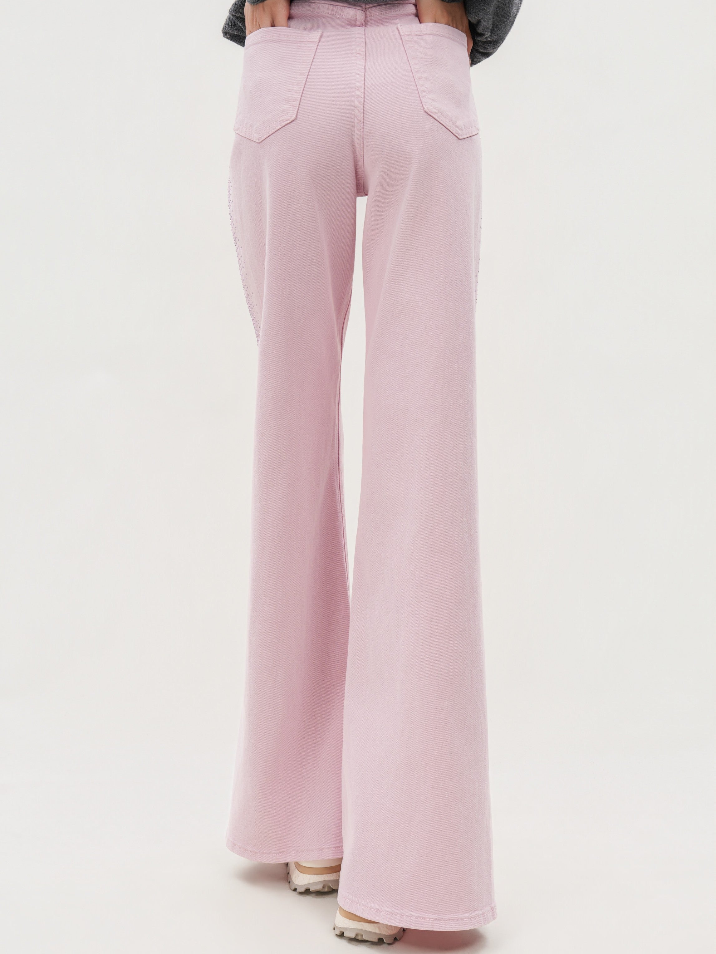 Pink flared pants on a white background, TCH Pink Rhinestone Gradient Denim Jeans with Logo Detail