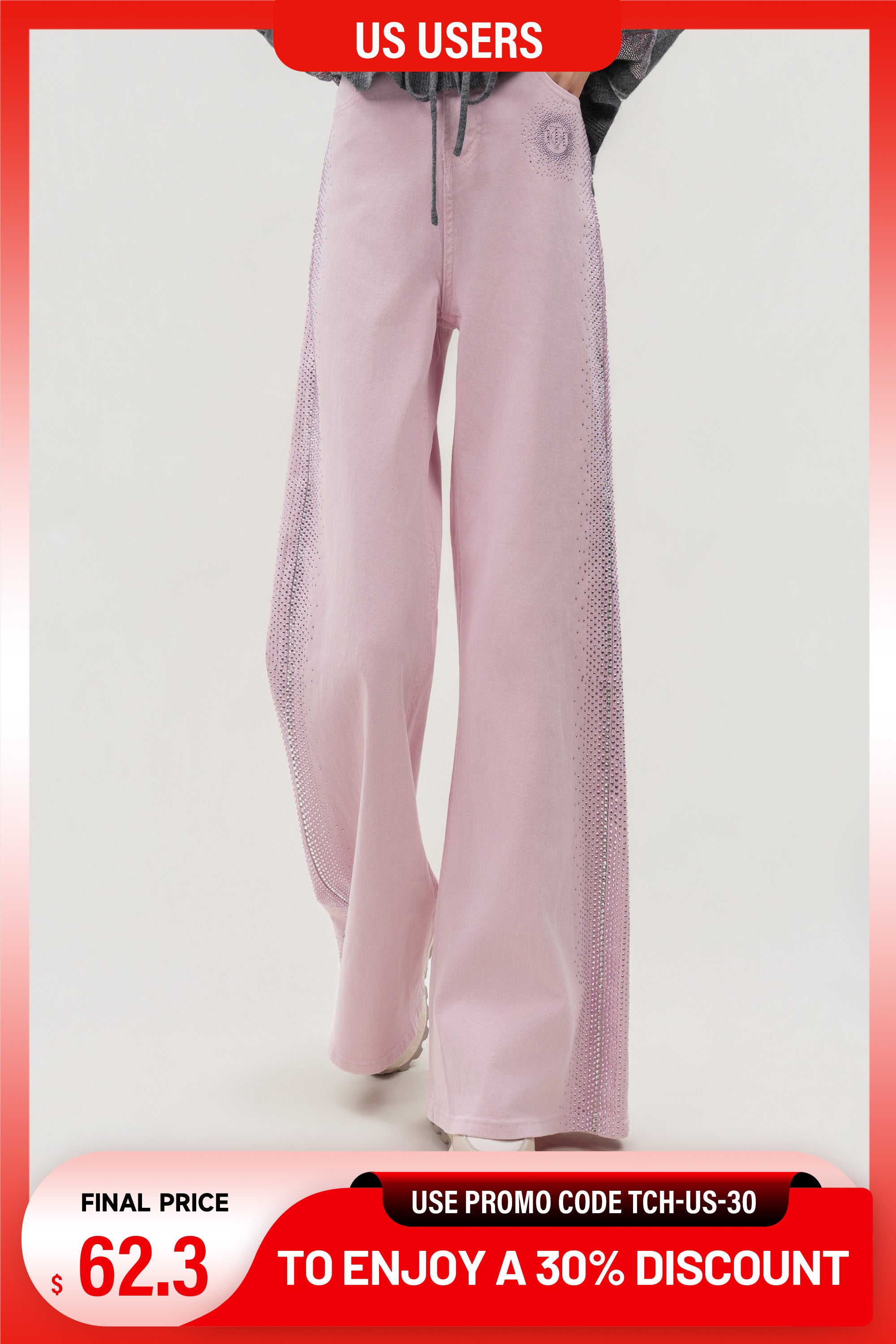 Light pink pants on a white background with promotional text overlay. TCH Pink Rhinestone Gradient Denim Jeans with Logo Detail