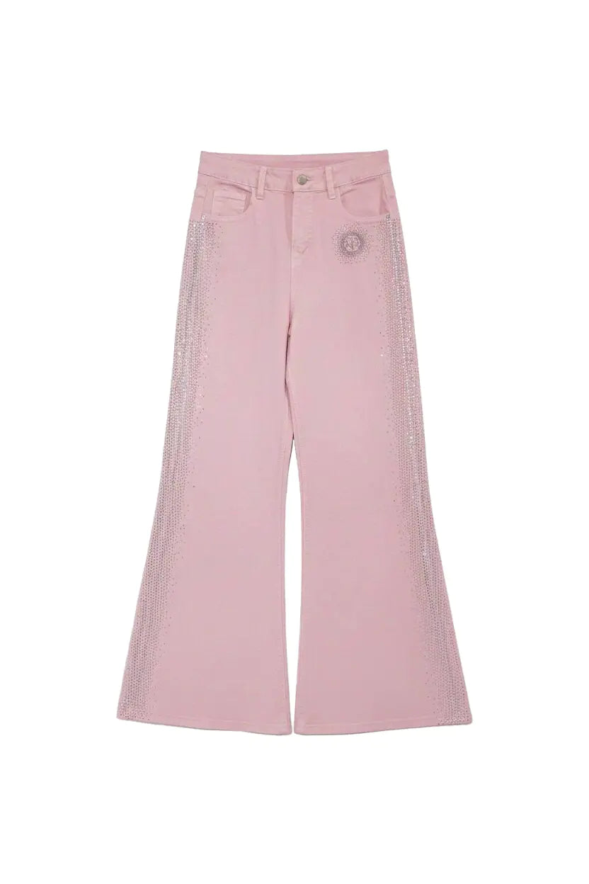 Pink wide-leg jeans on a white background, TCH Pink Rhinestone Gradient Denim Jeans with Logo Detail