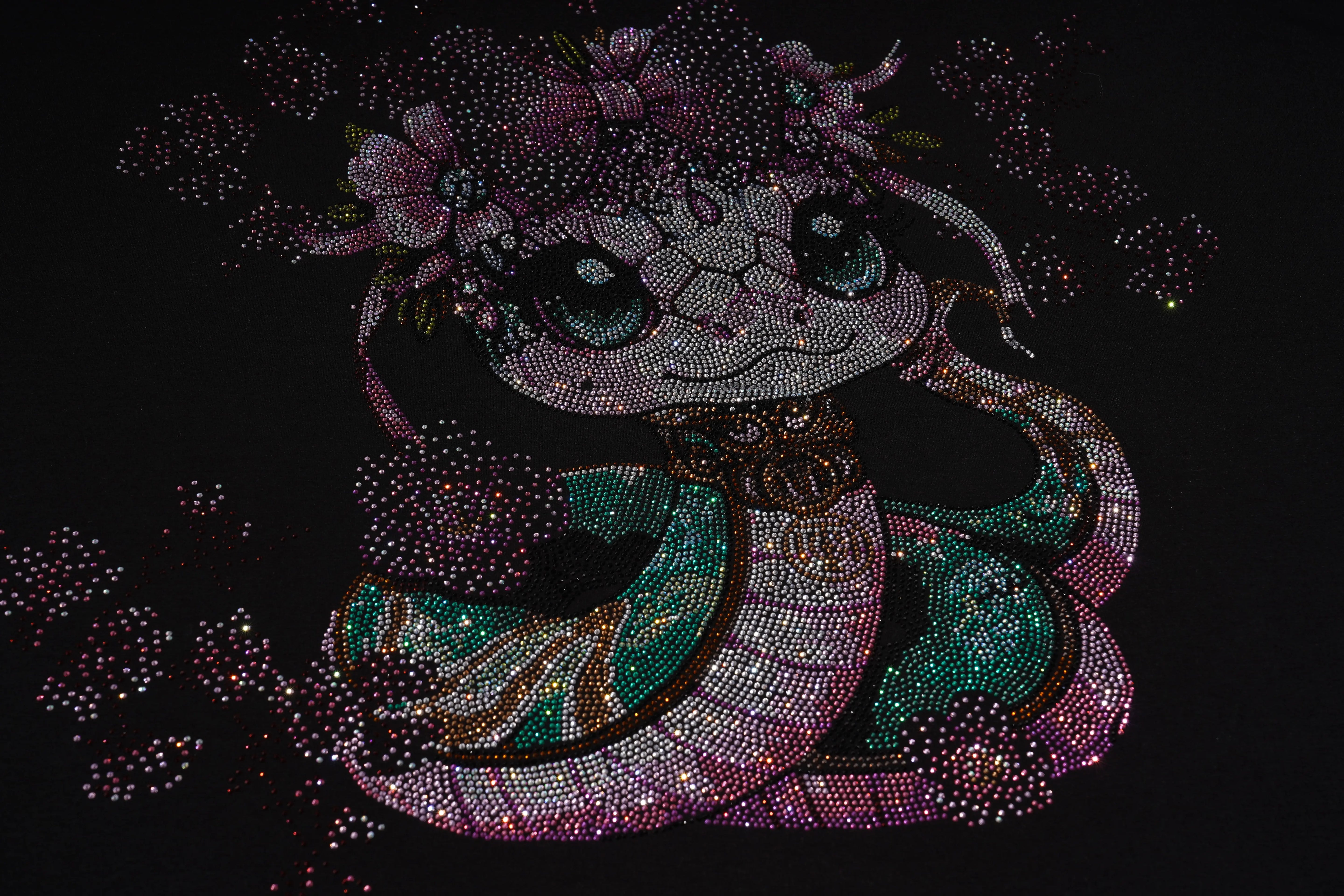 Decorative design of a snake with floral elements on a black background, TCH Pink Snake Rhinestone Oversize T-Shir
