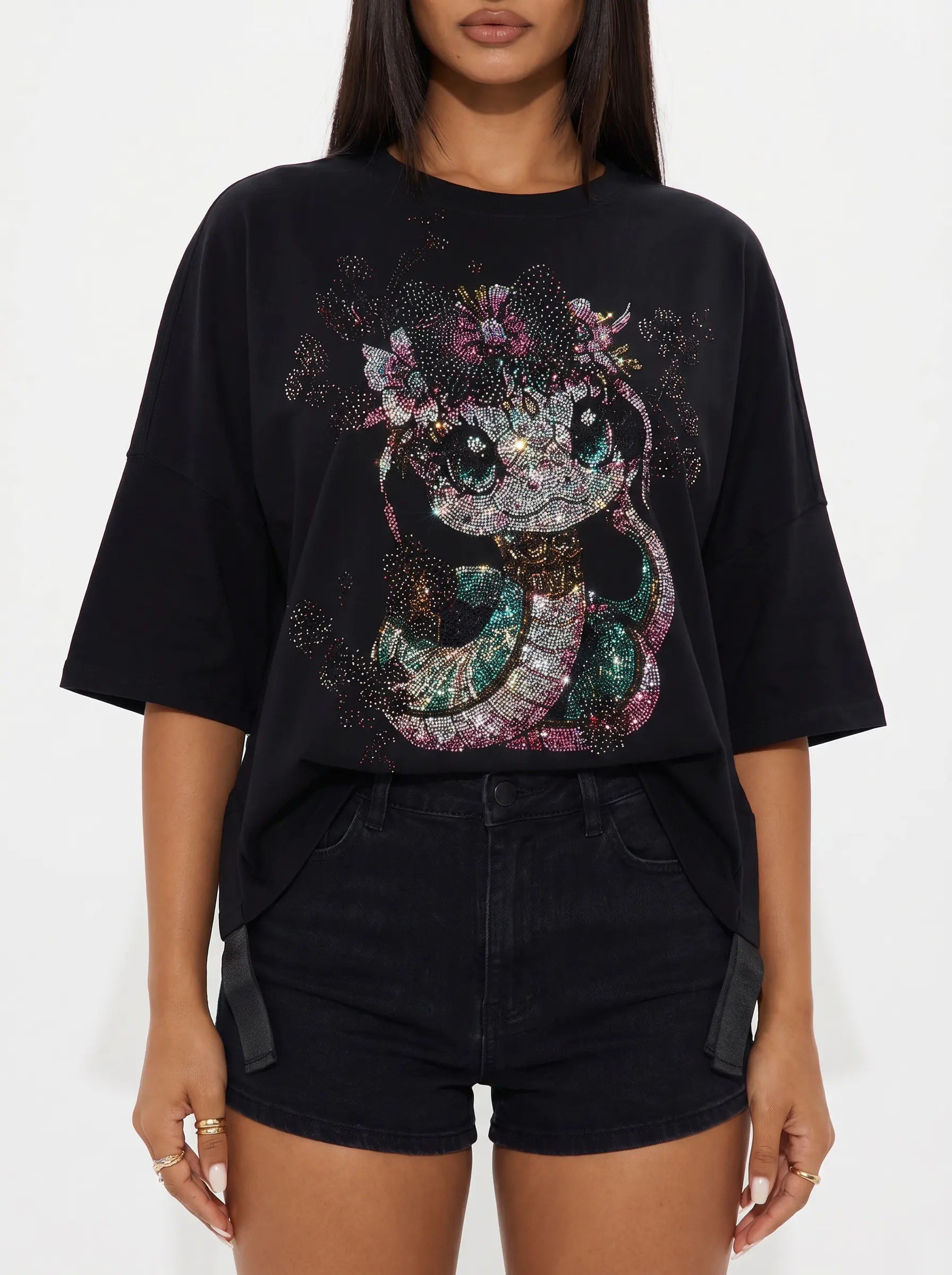 Person wearing a black t-shirt with a colorful graphic design on a white background, TCH Pink Snake Rhinestone Oversize T-Shirt