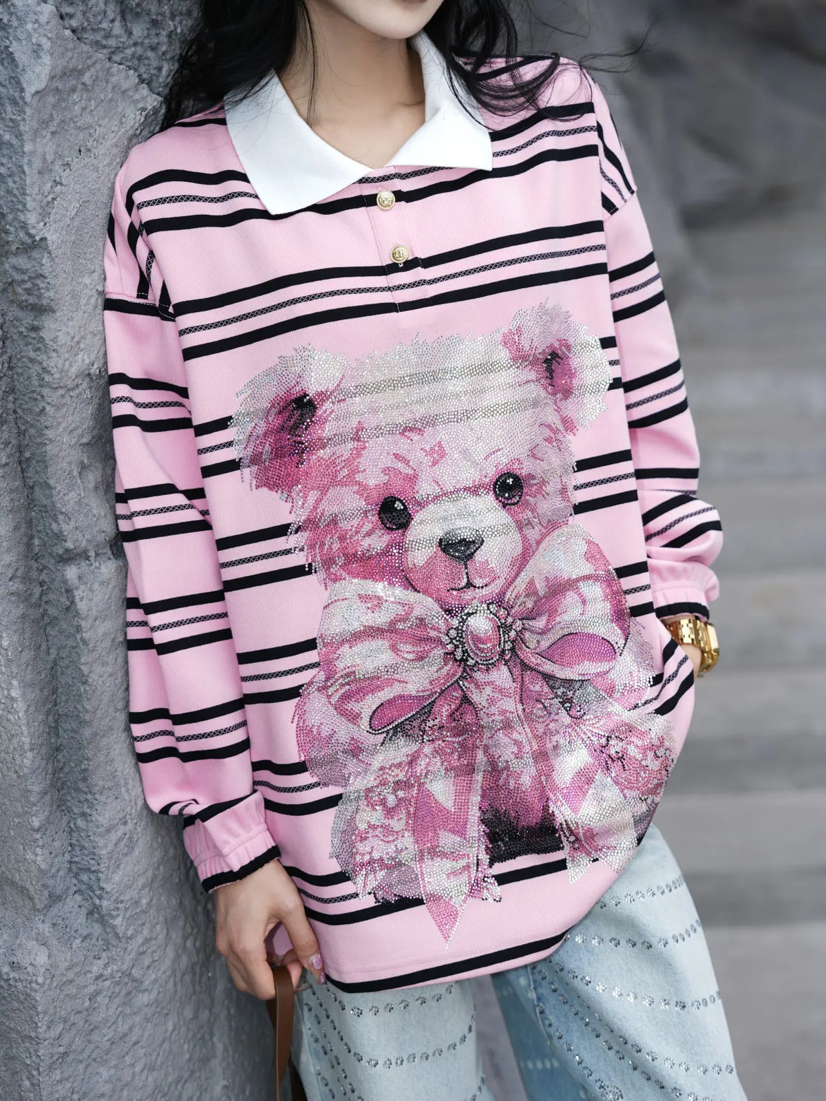 TCH Pink Striped Teddy Bear Bow Graphic Long Sleeve Polo Shirt TCH teddy bear polo shirt Pink striped long sleeve polo Teddy bear graphic shirt Pink bow graphic top Striped pink polo shirt Rhinestone graphic polo shirt Cute teddy bear top Long sleeve striped shirt Y2K pink streetwear top Pink preppy casual shirt