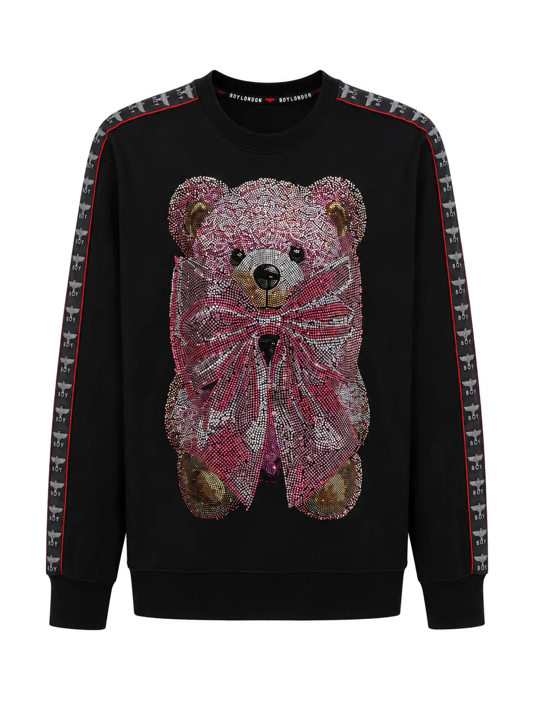 A black crewneck sweatshirt featuring a large teddy bear face and bow embellished with pink and silver rhinestones, with patterned silver and red stripes down the sleeves. TCH Pink Teddy Bear Rhinestone Graphic Black Sweatshirt