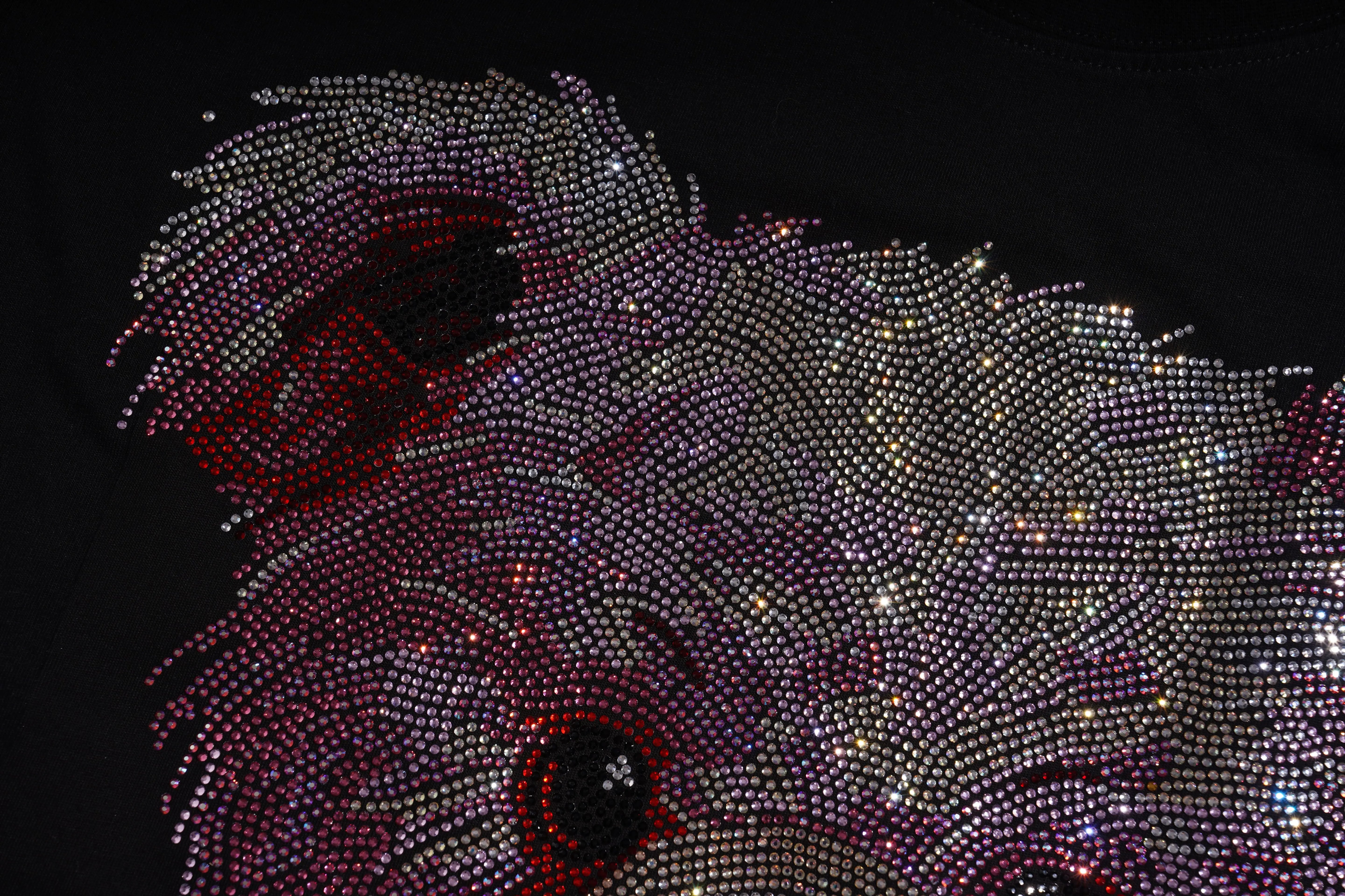 Close-up of a rhinestone-embellished dog sculpture on a black background, TCH Pink Teddy Bear Rhinestone T-Shirt
