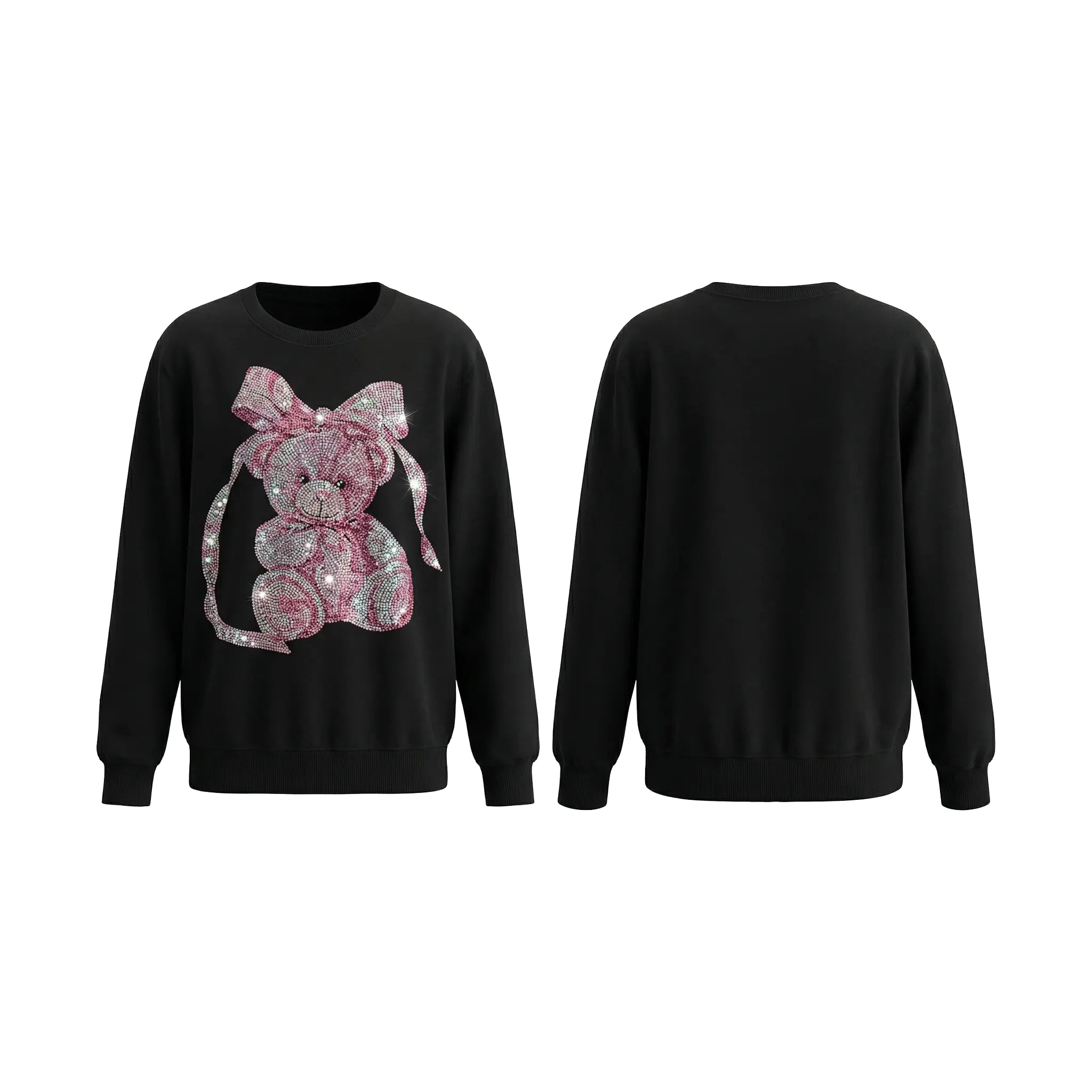 Black sweatshirt with teddy bear and bow design on a white background, TCH Pink Teddy Rhinestone Sweatshirt