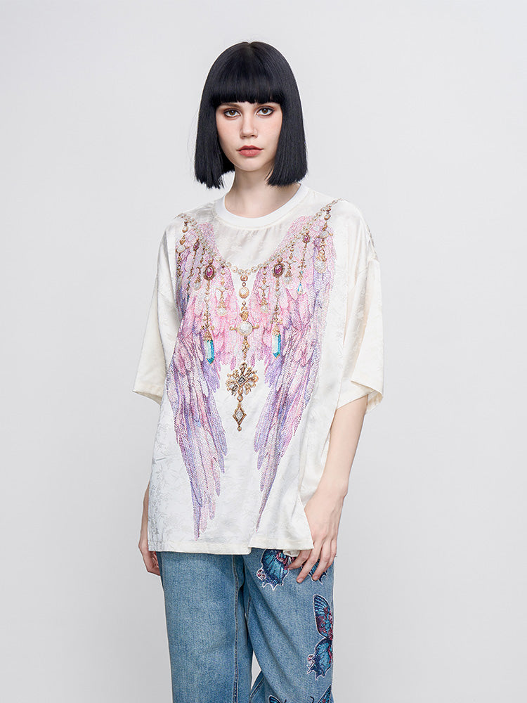 TCH Pre-sale Sparkling Rhinestone Wings Luxury Slik T-Shirt beige HighEnd Luxury Streetwear Brand Official Showcase