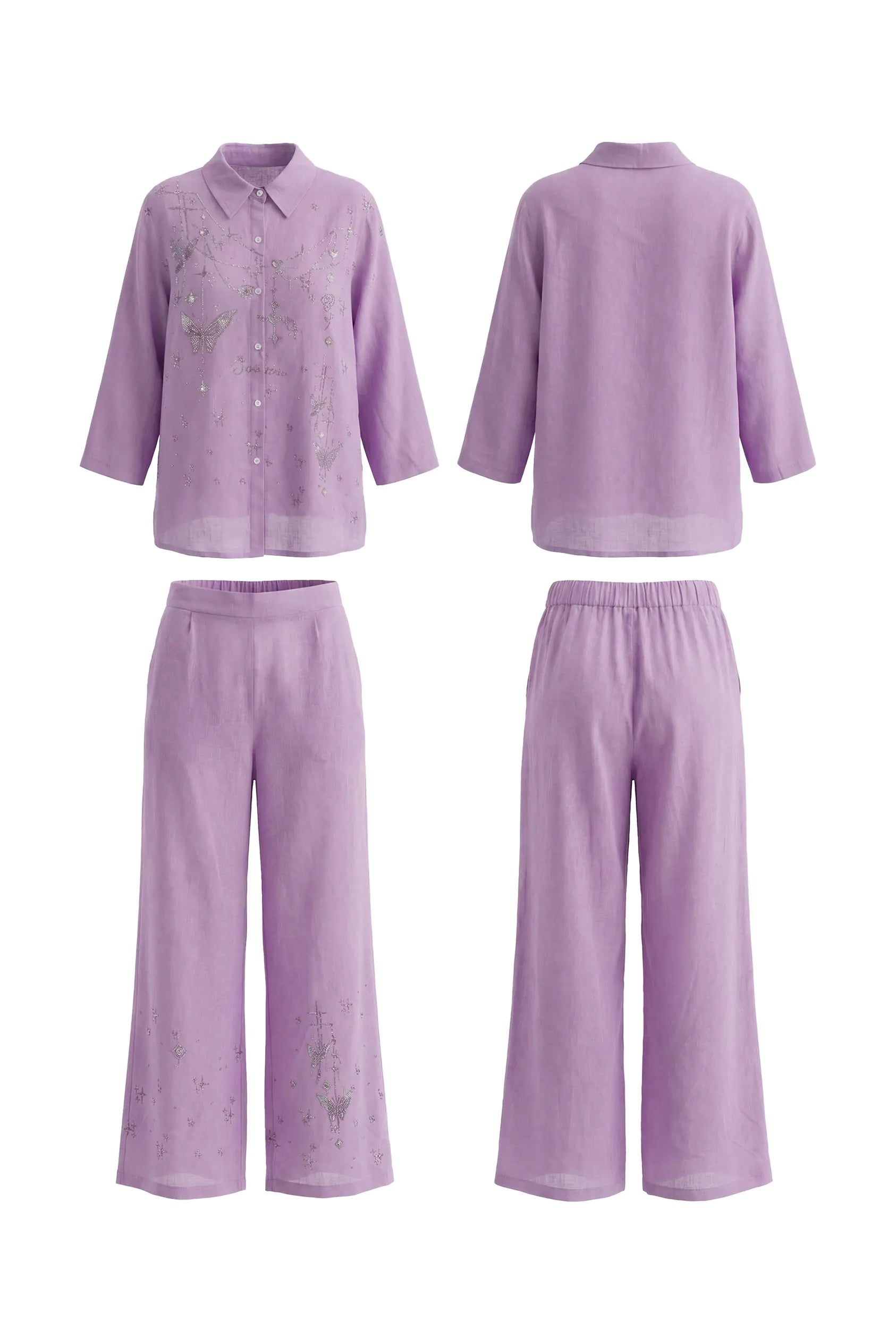 Pink pajama set with embroidered designs on a white background, TCH Purple Rhinestone Butterfly Set