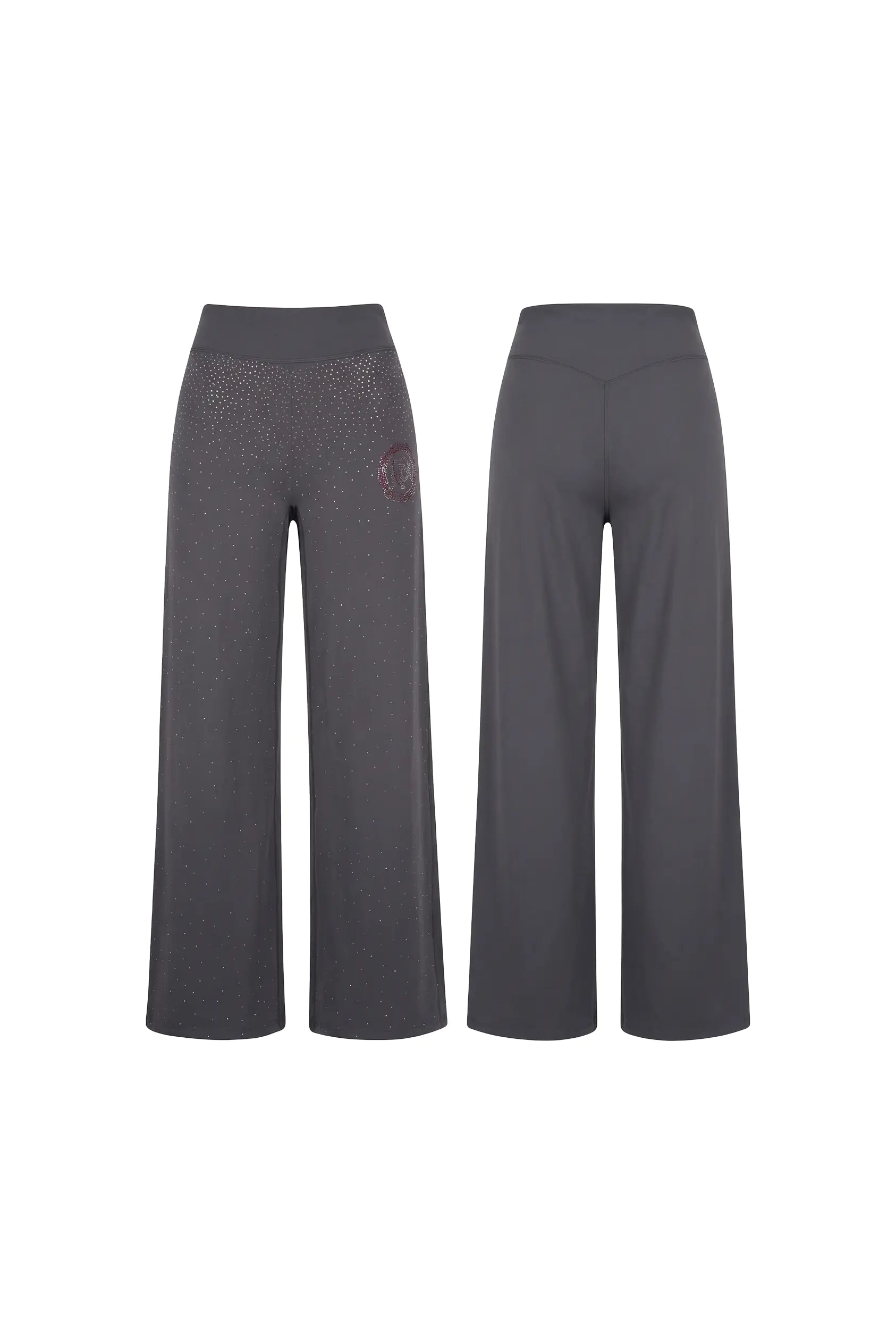 Pair of gray wide-leg pants on a white background, TCH Purple Rhinestone Gradient Sweatpants