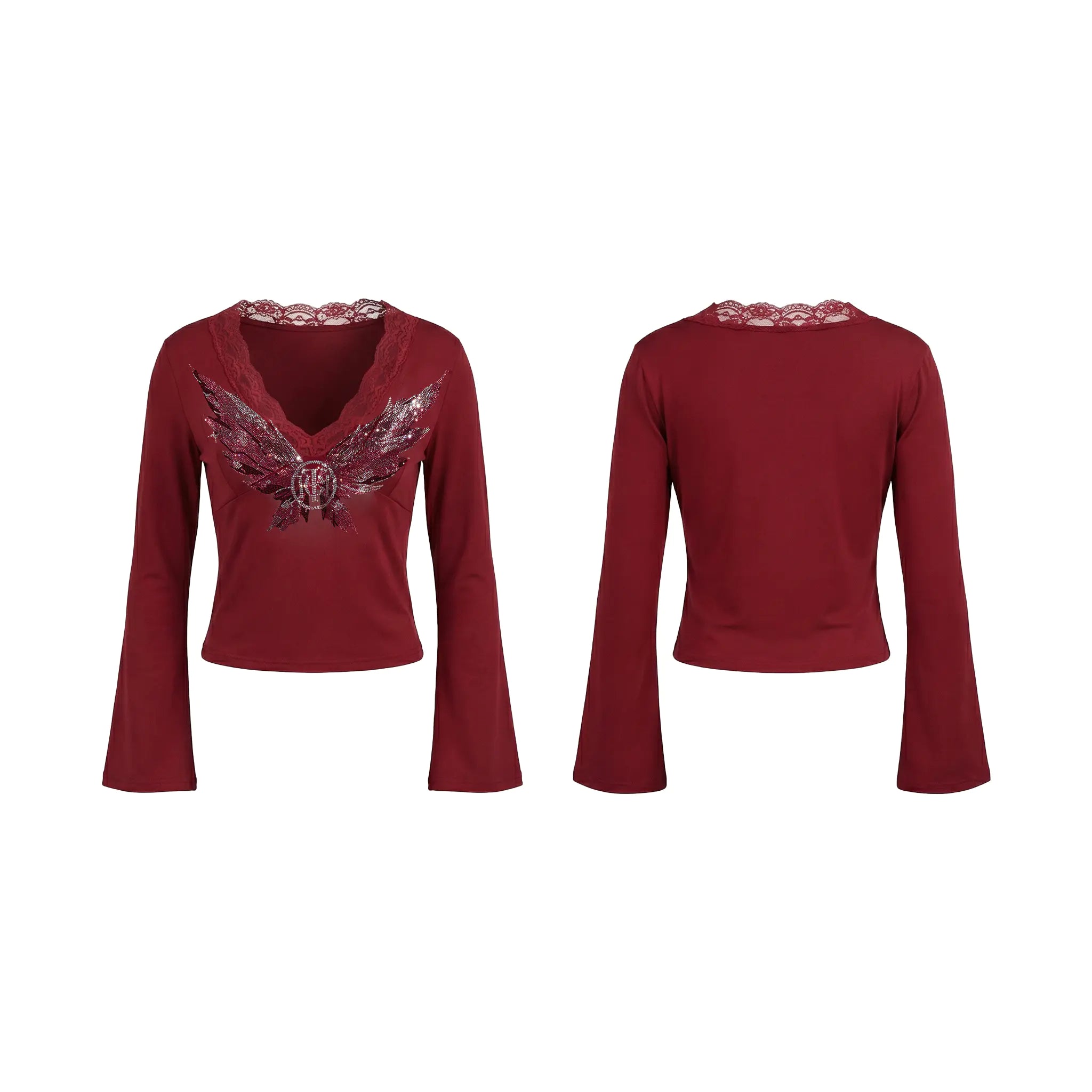 Red long-sleeve top with lace details on a white background, TCH Red Lace Trim V-Neck Rhinestone Wing Long Sleeve Top