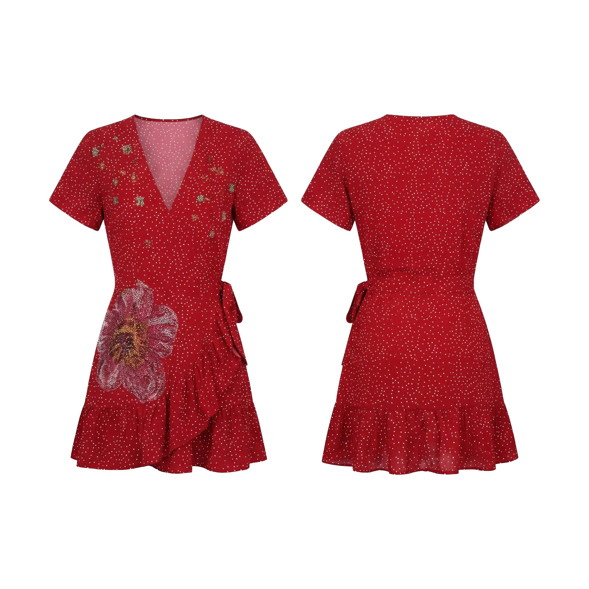 Red dress with floral design on a white background, TCH Red Polka Dot Rhinestone Flower Dress