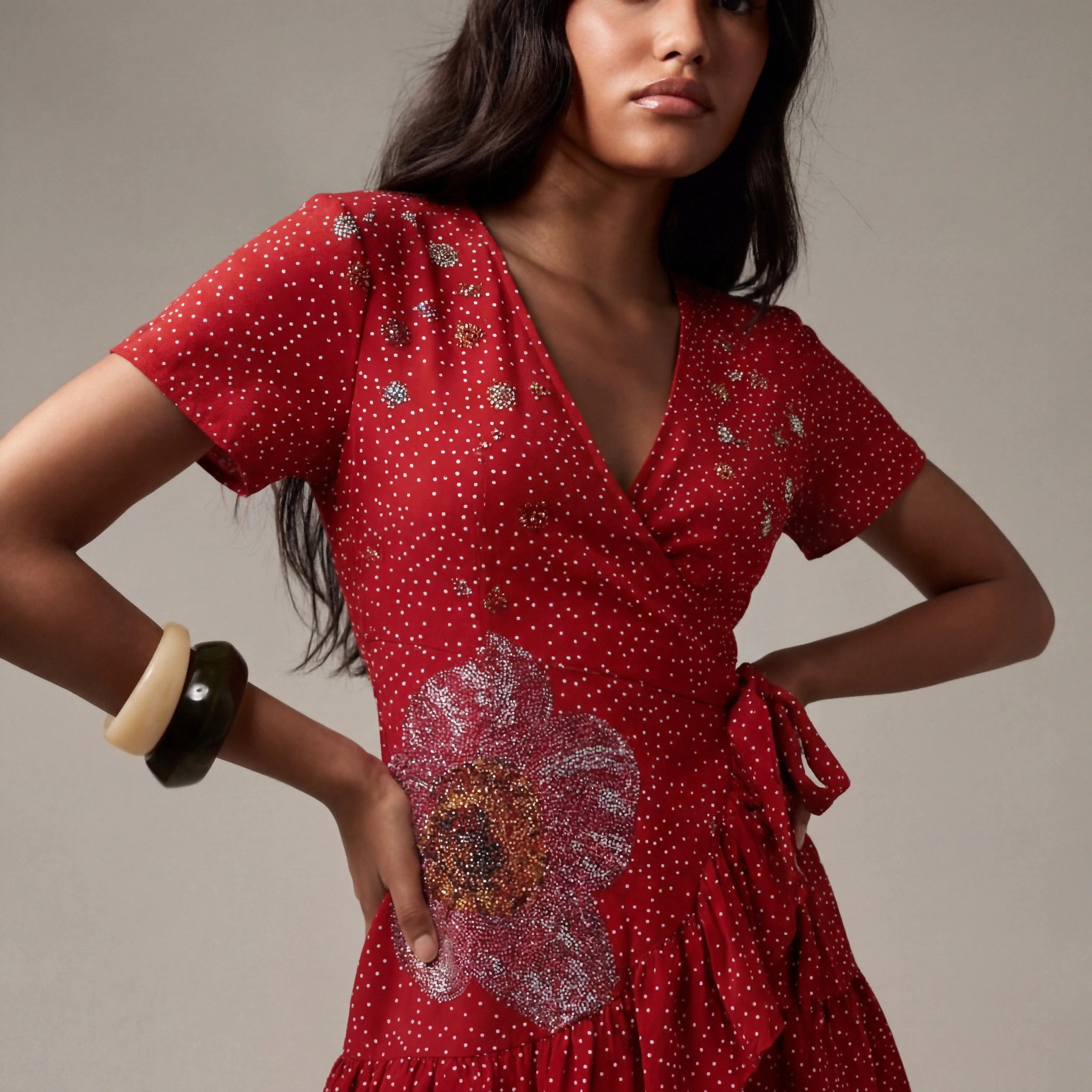 Woman wearing a red dress with floral patterns on a neutral background, TCH Red Polka Dot Rhinestone Flower Dress