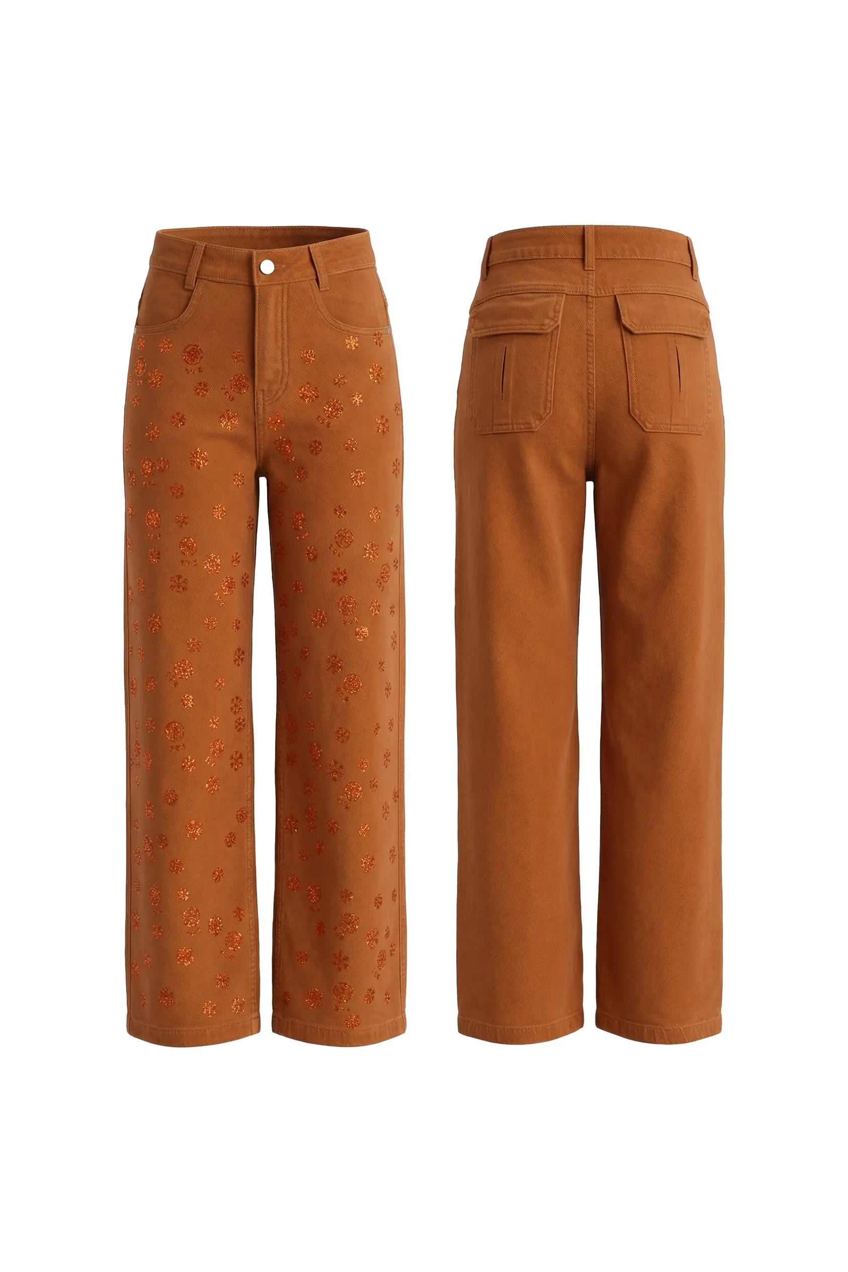 Two pairs of brown pants with different patterns on a white background, TCH Red Snowflake Rhinestone Brown Denim Jeans