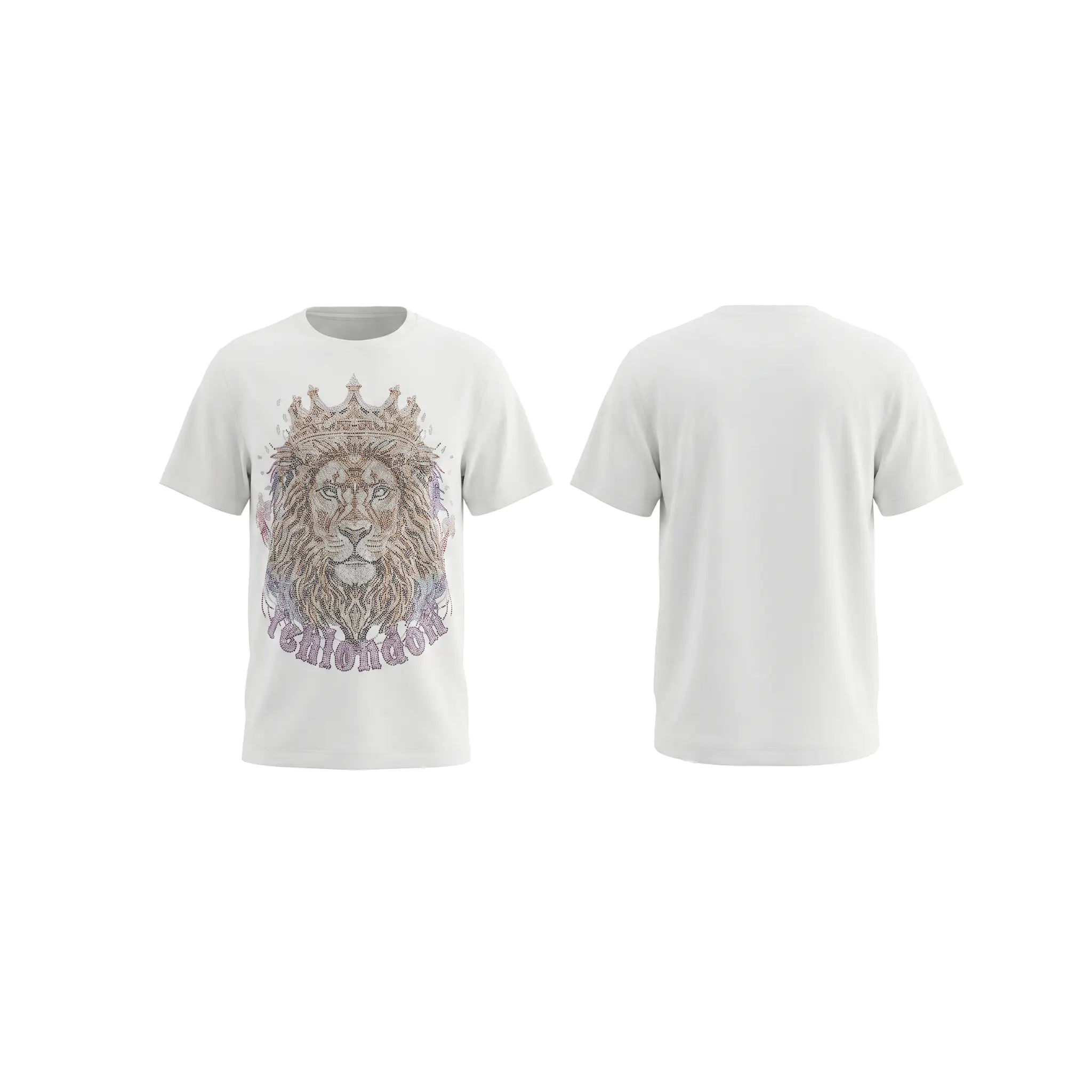 A white short-sleeve crewneck t-shirt shown from both the front and back. The front features a detailed graphic of a lion's face wearing a crown, with the word 'REIGN' written in a stylized purple font below it. TCH Regal Crown Lion Rhinestone Graphic T-Shirt