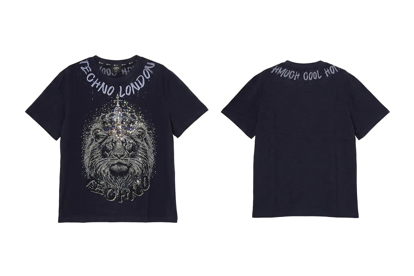 A navy blue short-sleeve crop top shown from both front and back views. The front features a large silver graphic of a lion's face with 'TECHNO GIRL LONDON' text arched above it. TCH Regal Lion Rhinestone Graphic T-Shirt