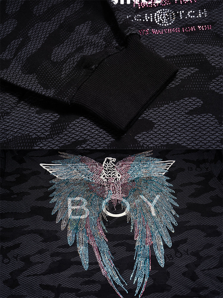 TCH Rhinestone-Embellished Winged Camo Hoodie darkgray HighEnd Luxury Streetwear Brand Official Showcase