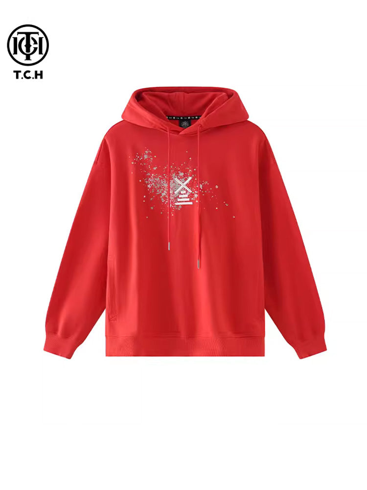 A red hooded sweatshirt with a rhinestone embellishment on the front and a zipper closure. TCH Rhinestone-Embellished Zipper Hoodie