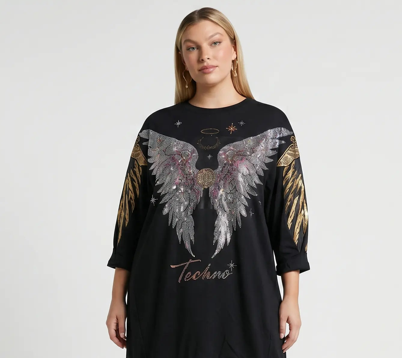 Woman wearing a black dress with angel wings and 'Techno' text on a white background, TCH Rhinestone Angel Wing Black Dress