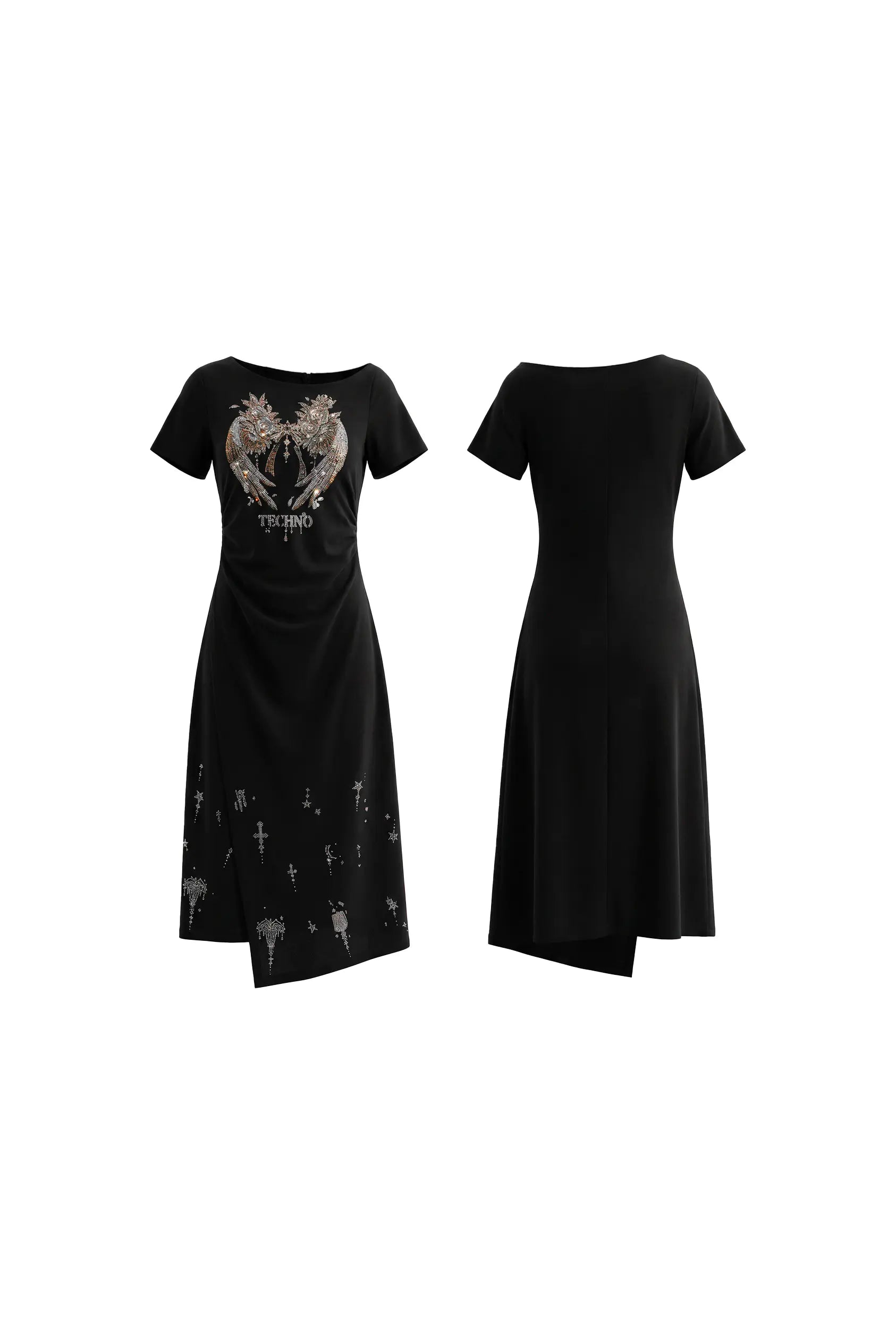 Two black dresses on a white background, TCH Rhinestone Angel Wing Black Dress