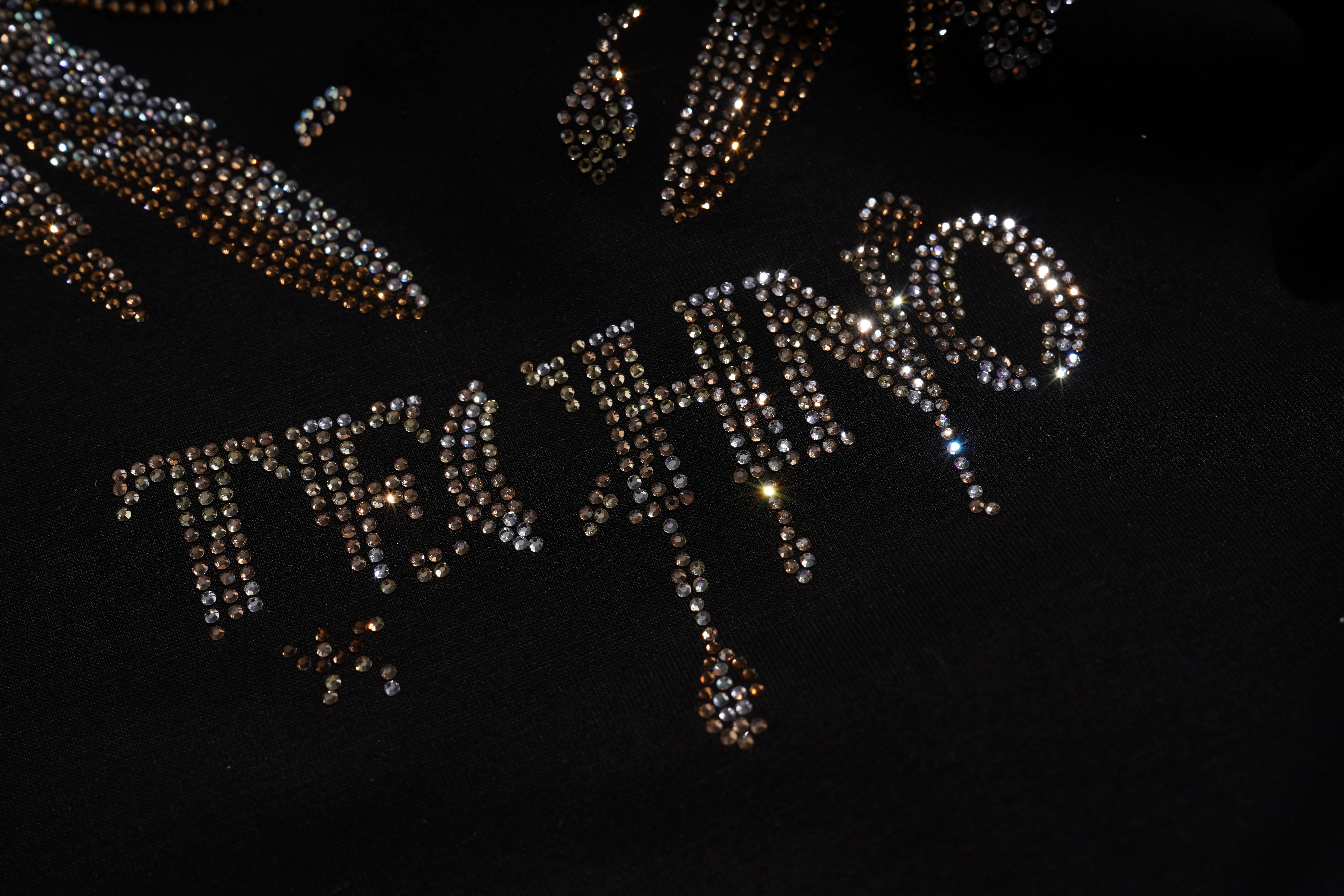 Text 'TECHNO' made of rhinestones on a black background, TCH Rhinestone Angel Wing Black Dress